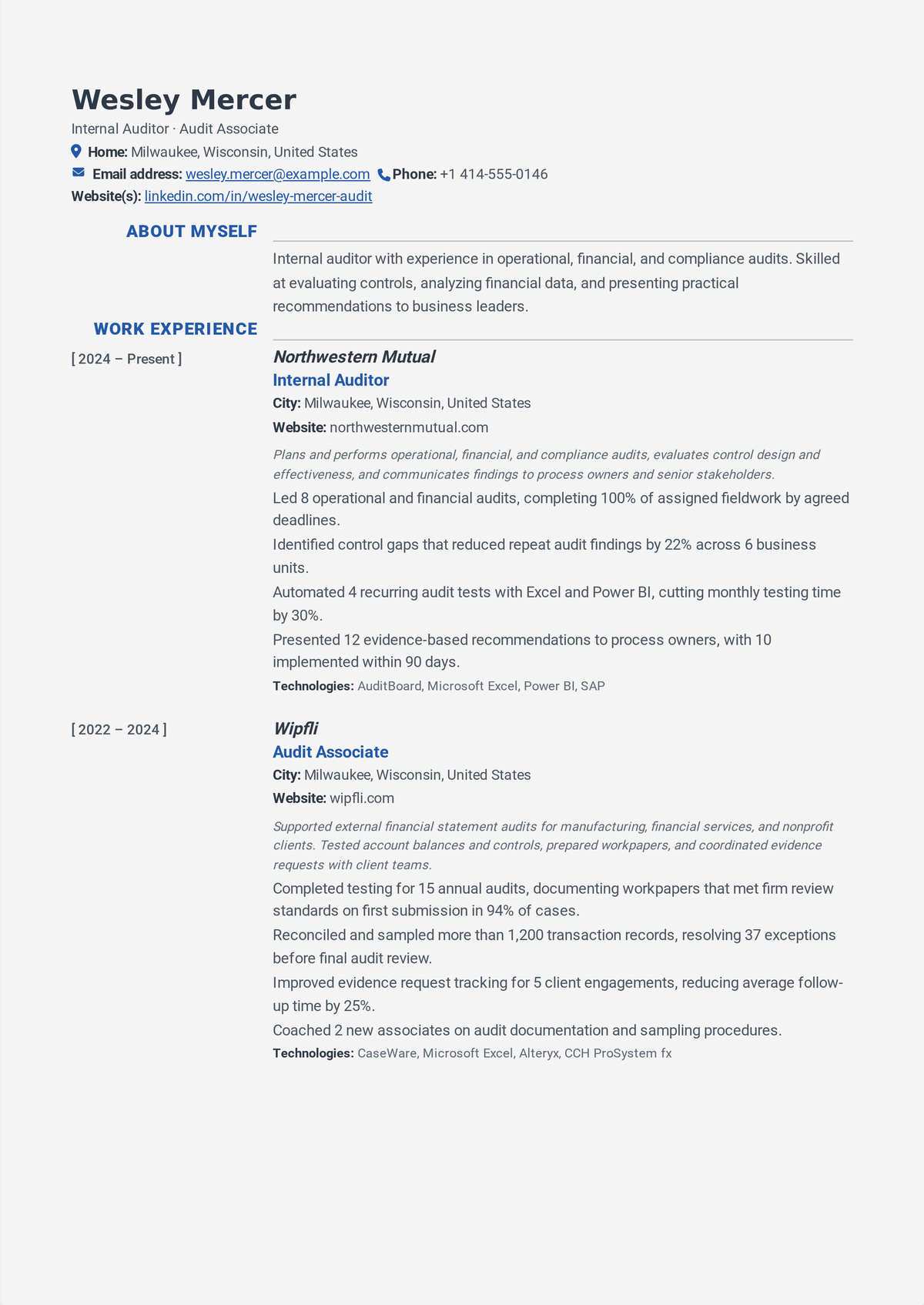 Auditor resume example: a mid-career auditor's resume showing audit planning and execution, internal control testing, workpaper documentation, and control weaknesses remediated.