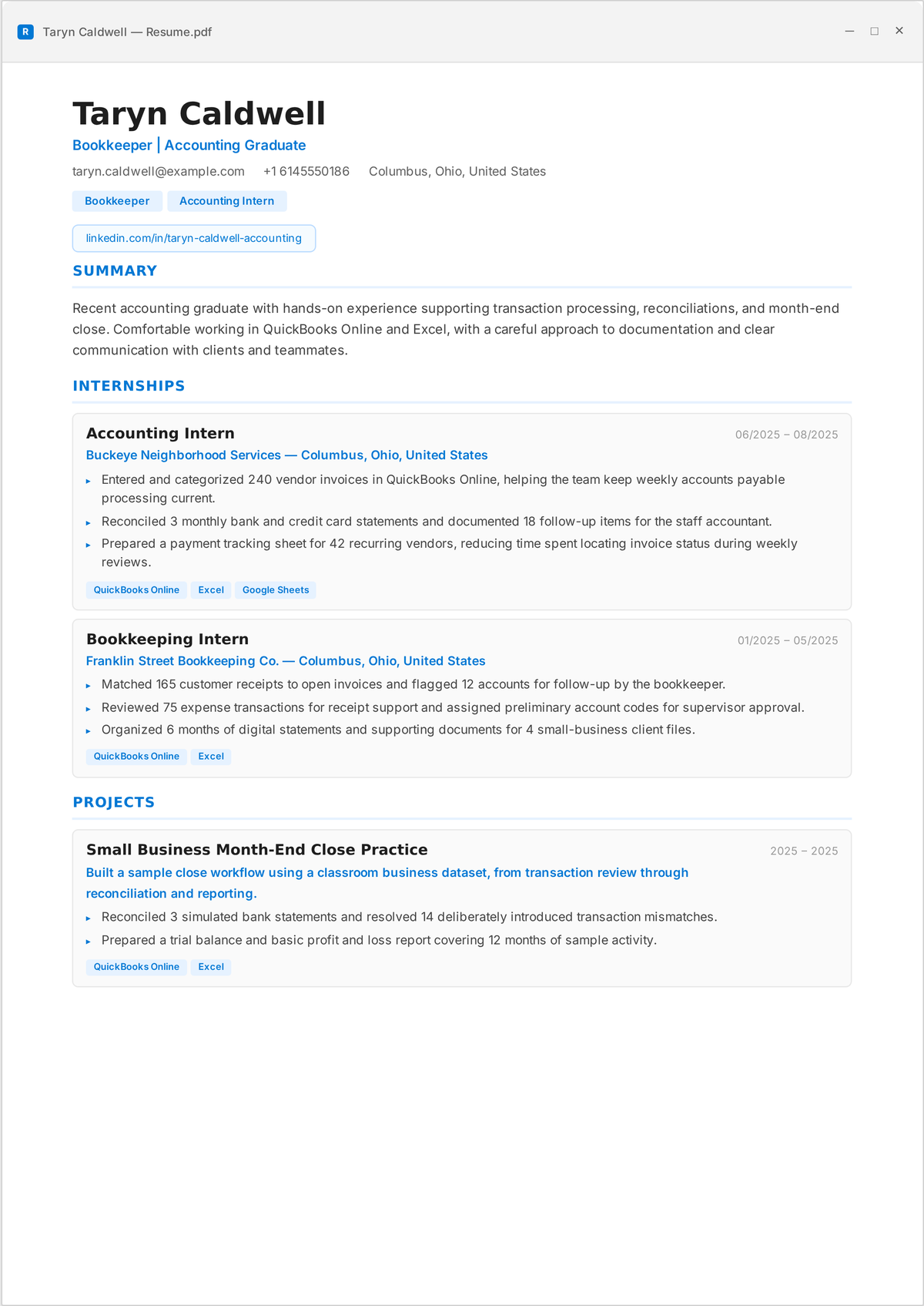 Bookkeeper resume example: an entry-level bookkeeper's resume showing QuickBooks and Xero, bank reconciliations, AP/AR, and monthly reporting across multiple clients.