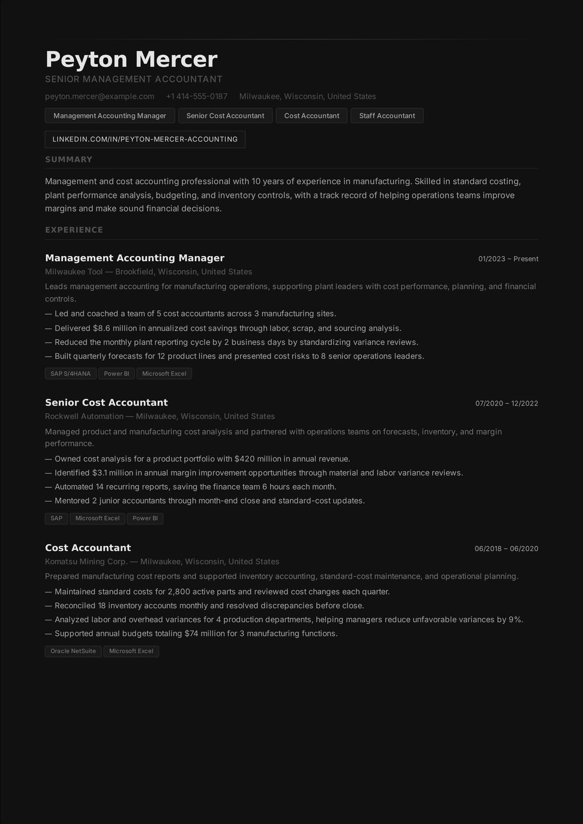 Management accountant resume example: a senior cost and management accountant's resume showing budgets and forecasts, cost and margin analysis, variance reporting, and cost reductions driven.
