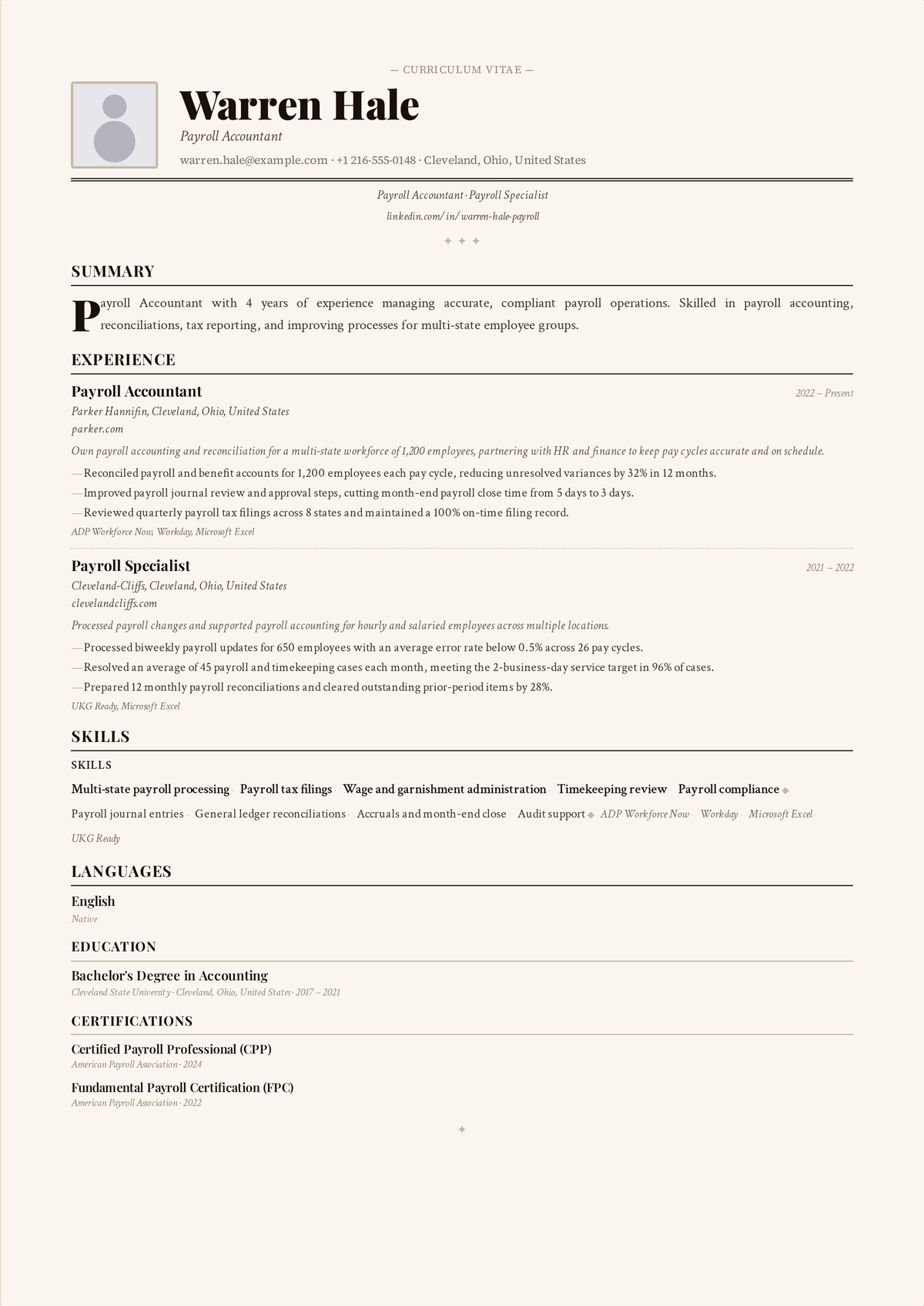 Payroll specialist resume example: a mid-career payroll specialist's resume showing multi-state payroll processing, tax filings, benefits deductions, and a high accuracy rate.