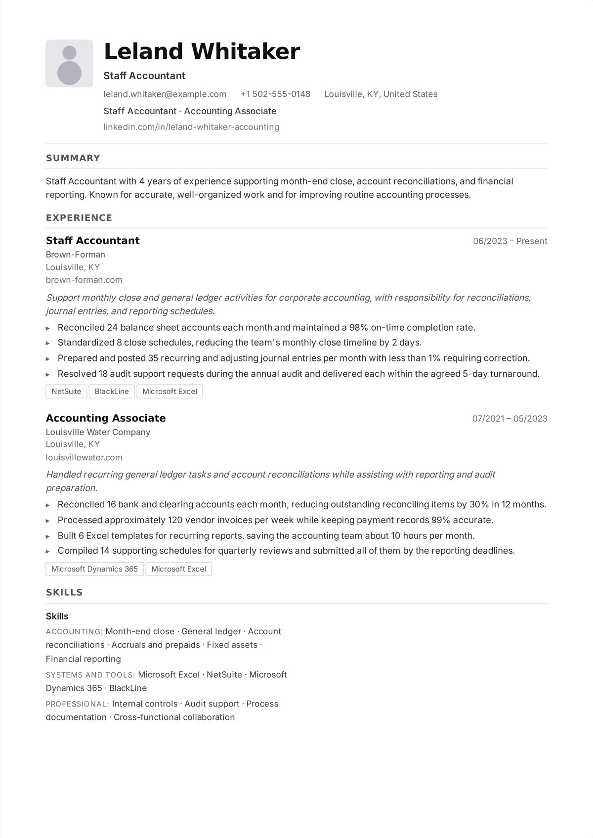 Mid-career general accountant resume example: an accountant's resume showing ownership of the month-end close, GAAP financial statements, reconciliations, and a cut in close time.