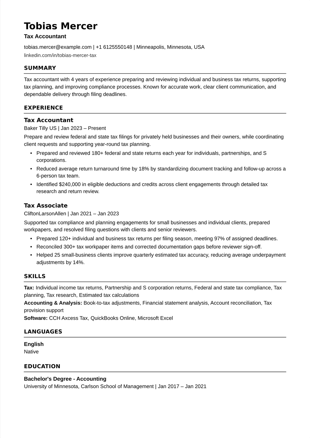 Tax accountant resume example: a mid-career tax accountant's resume showing returns prepared across entity types, tax research, deadlines met, and tax saved for clients.