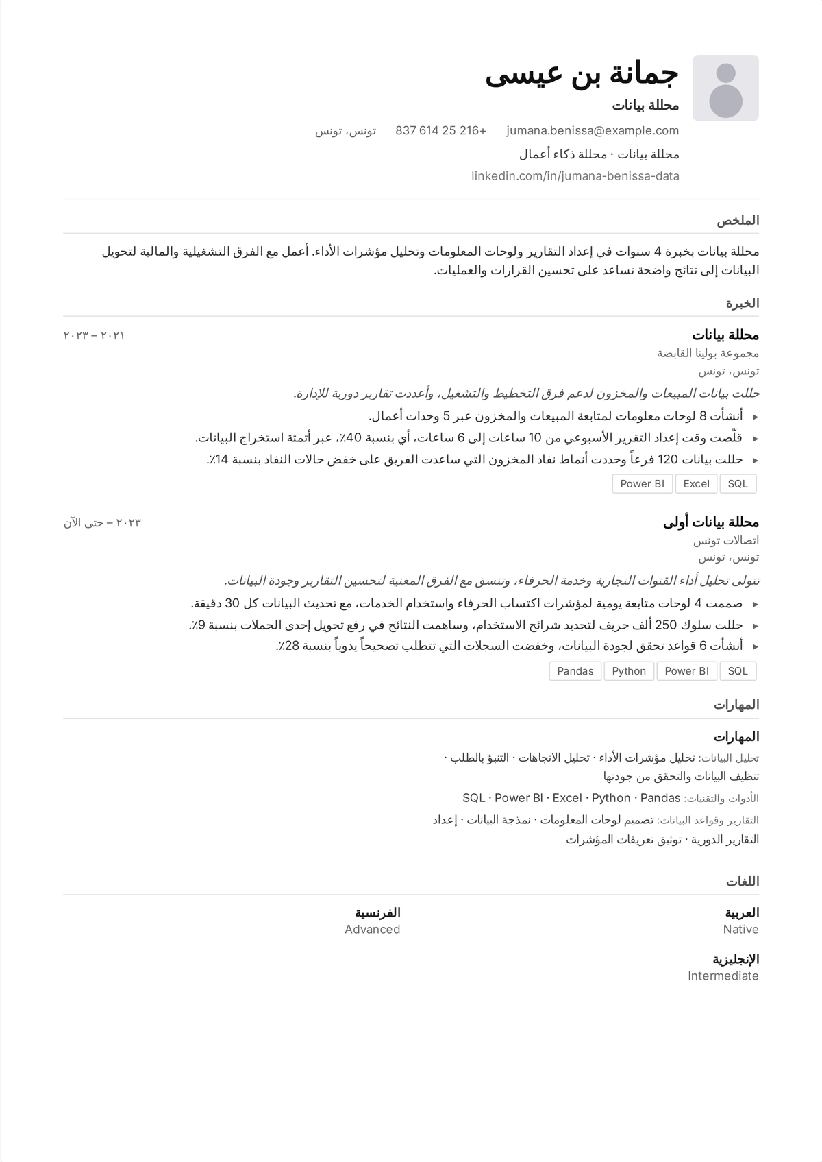 نموذج سيرة ذاتية لمحلل بيانات في منتصف المسيرة: سيرة محلل تُظهر SQL معقّداً ولوحات معلومات يستخدمها أصحاب المصلحة وتحليلات قادت قرارات إيراد أو كلفة أو احتفاظ.