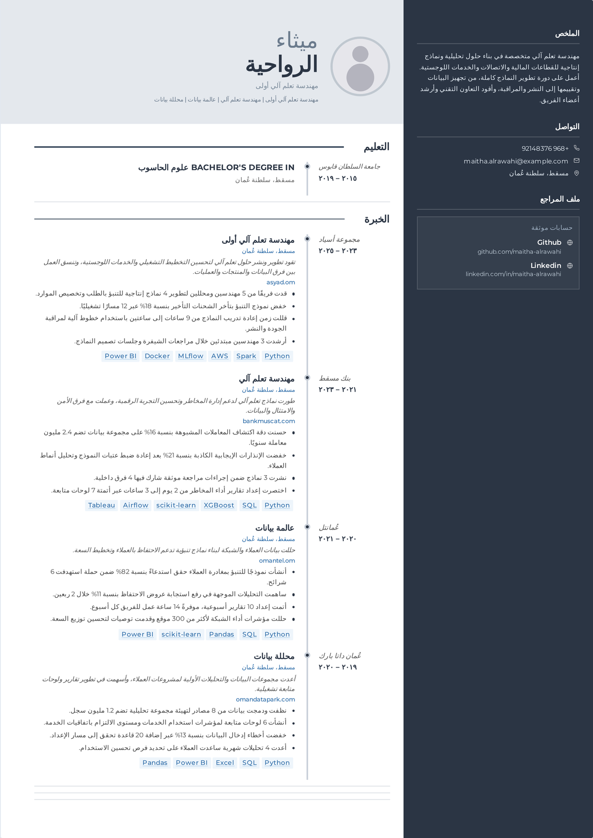 نموذج سيرة ذاتية لمهندس تعلّم آلة: سيرة مهندس تعلّم آلة كبير تُظهر تقنيات Python وMLOps، وخدمة نموذج إنتاجية، ومراقبة الانحراف، ومقاييس تجارية وهندسية معاً.