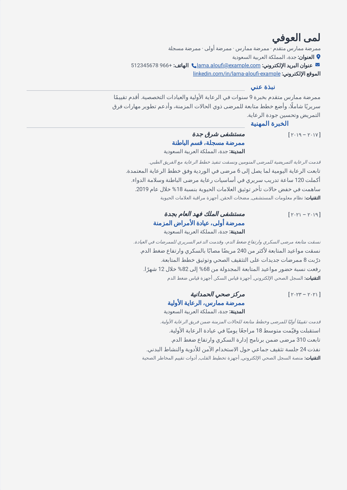 نموذج سيرة ذاتية لممارس تمريض: سيرة ممارس تمريض تبدأ بترخيص APRN واعتماد المجلس وصلاحية وصف الدواء، وتُظهر قائمة مرضى مُدارة ومقاييس الجودة.