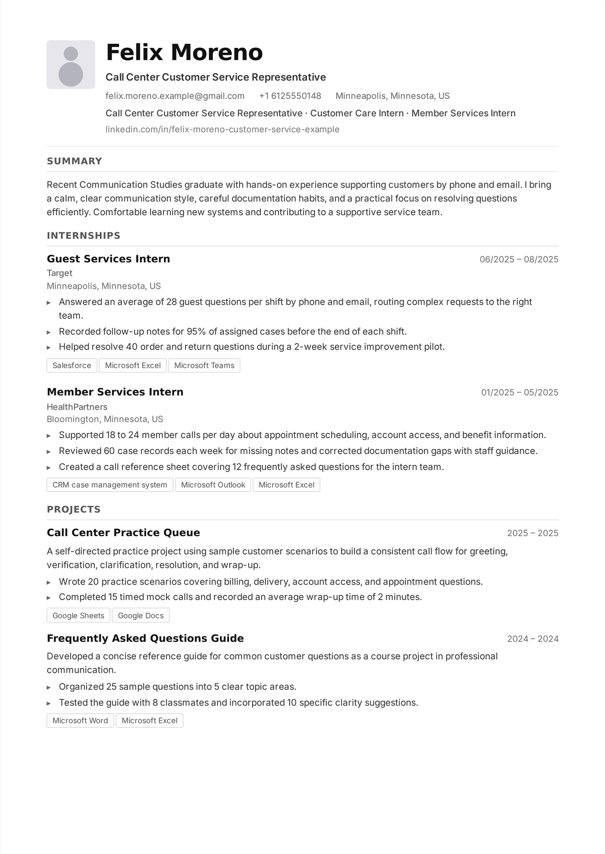 Call center agent resume example: a high-volume phone support resume showing calls handled per day, average handle time, first-call resolution, and QA scores.