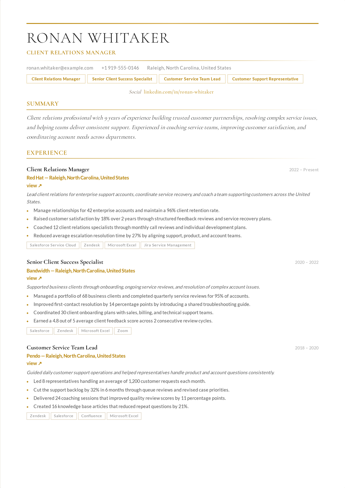 Client relations manager resume example: a senior account-management resume showing key accounts and contract values owned, executive relationships, renewals negotiated, and revenue retained.