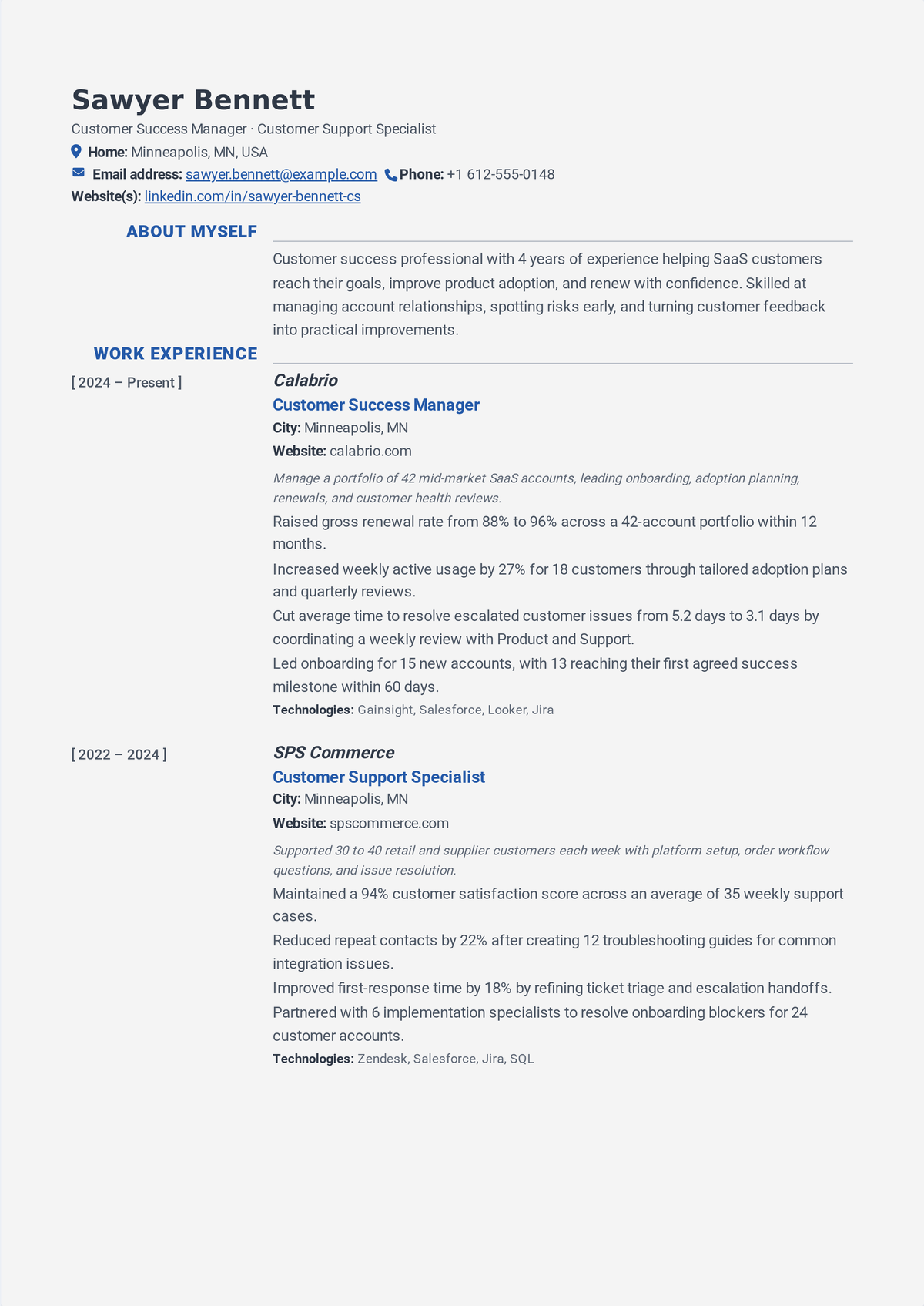 Customer success manager resume example: a CSM resume led by a managed book of accounts and revenue, showing onboarding, QBRs, net revenue retention, and churn reduction.