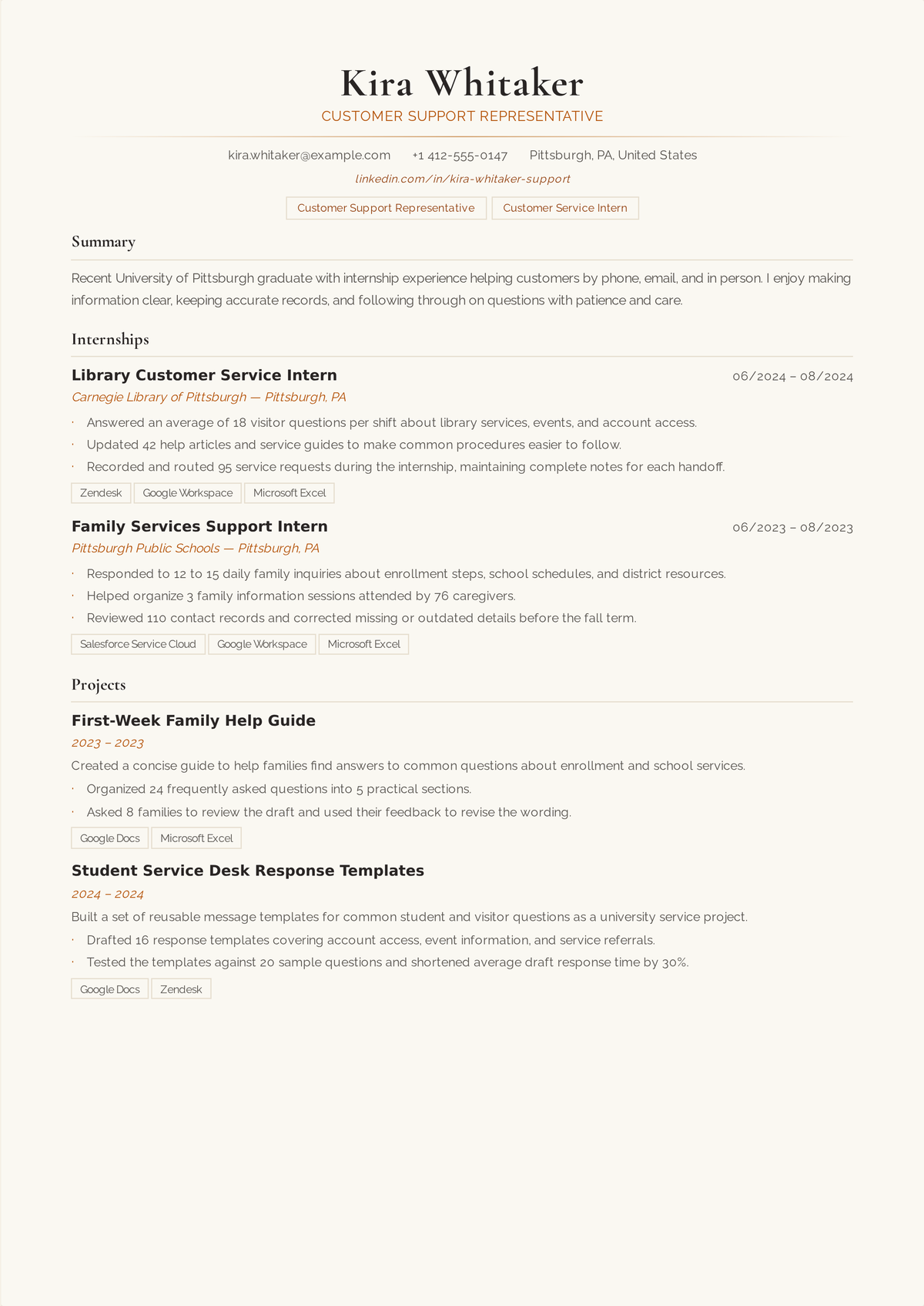 Entry-level customer service representative resume example: a first support role resume led by transferable communication skills and quantified contact work from retail and hospitality.