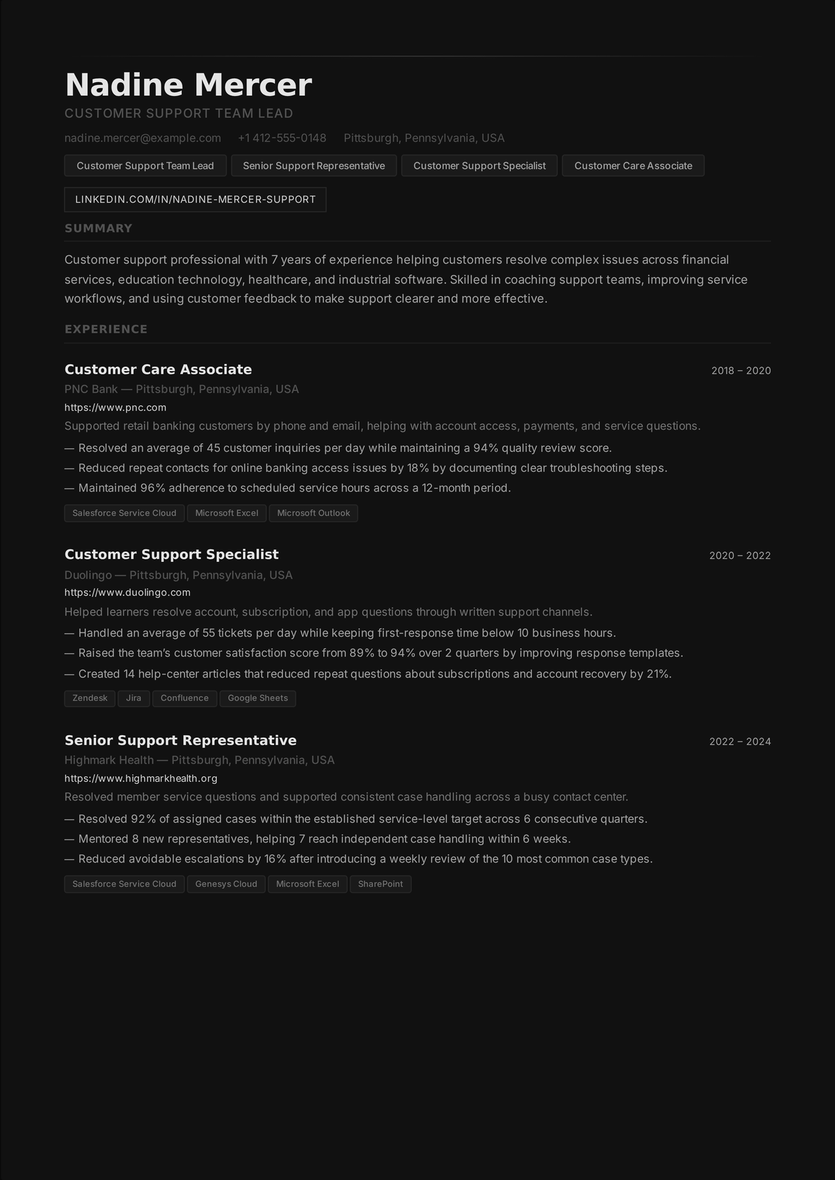 Customer service team lead resume example: a support supervisor's resume showing team size managed, coaching, SLA attainment, agent retention, and a team-wide metric improvement.