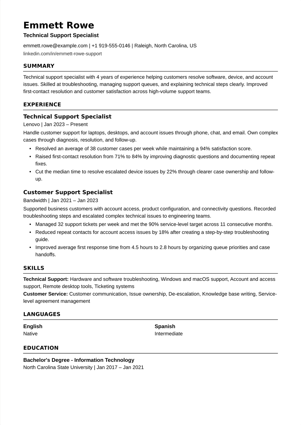 Technical support specialist resume example: a mid-career tech support resume showing troubleshooting depth, knowledge-base contributions, clean escalations, and CSAT on technical tickets.