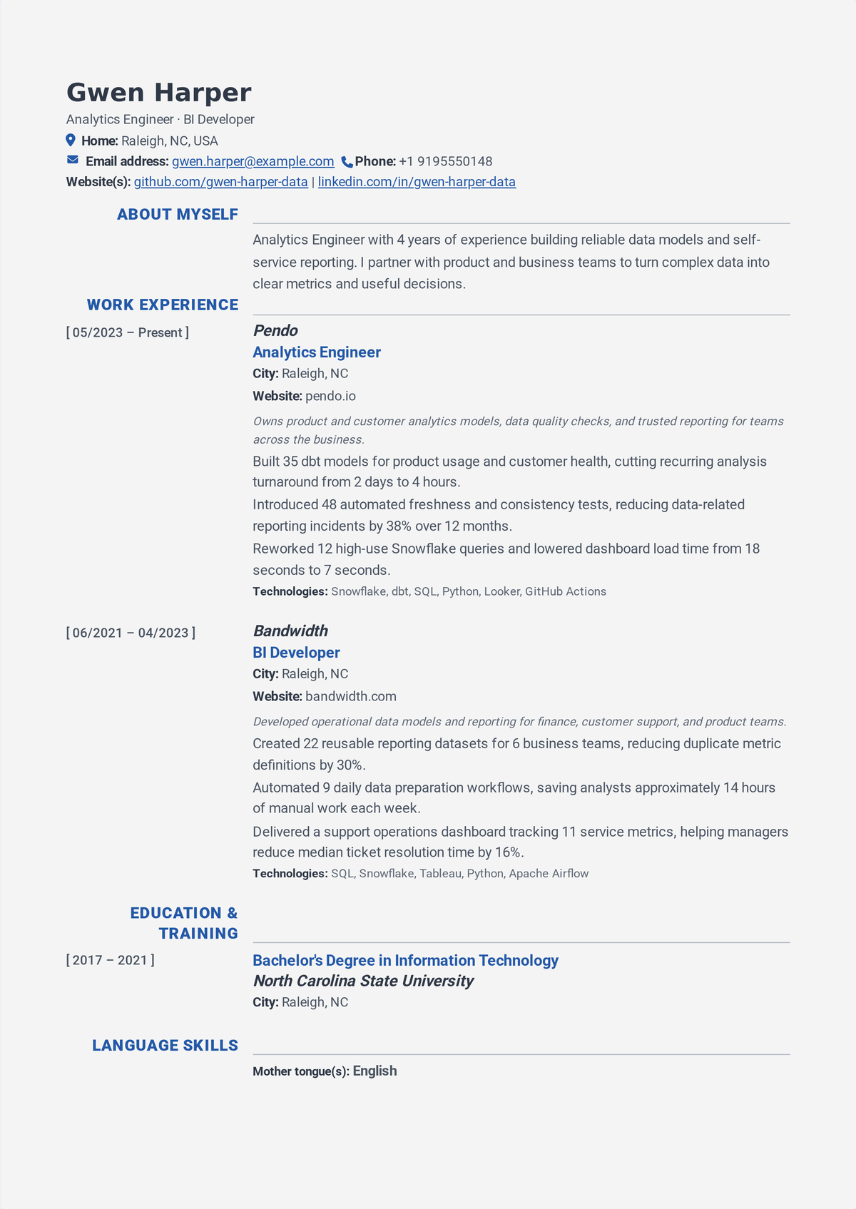 Analytics engineer resume example: a resume showing dbt and SQL on a cloud warehouse, tested transformation models, data-quality enforcement, and pipeline run-time cut.