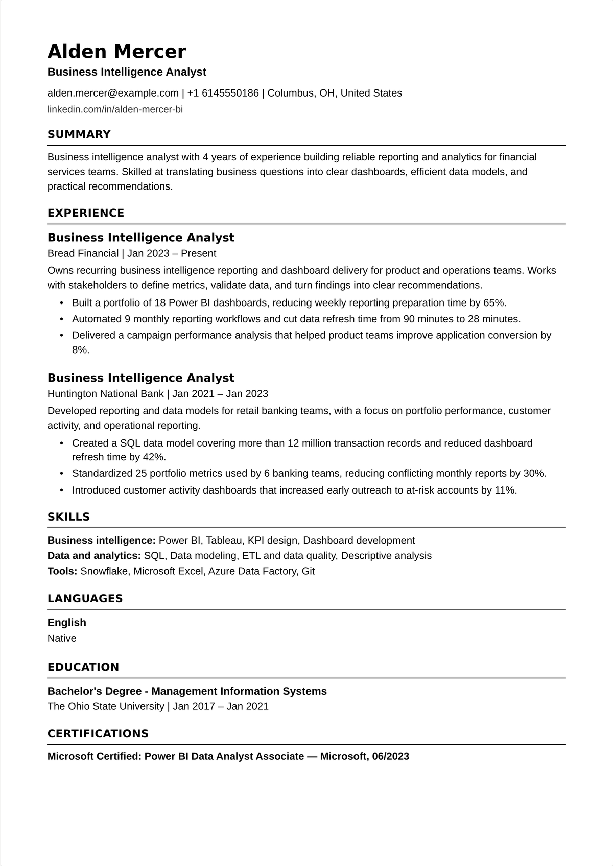 Business intelligence analyst resume example: a BI analyst's resume showing Tableau and Power BI on a warehouse, data models, self-serve dashboards, and manual-reporting hours saved.