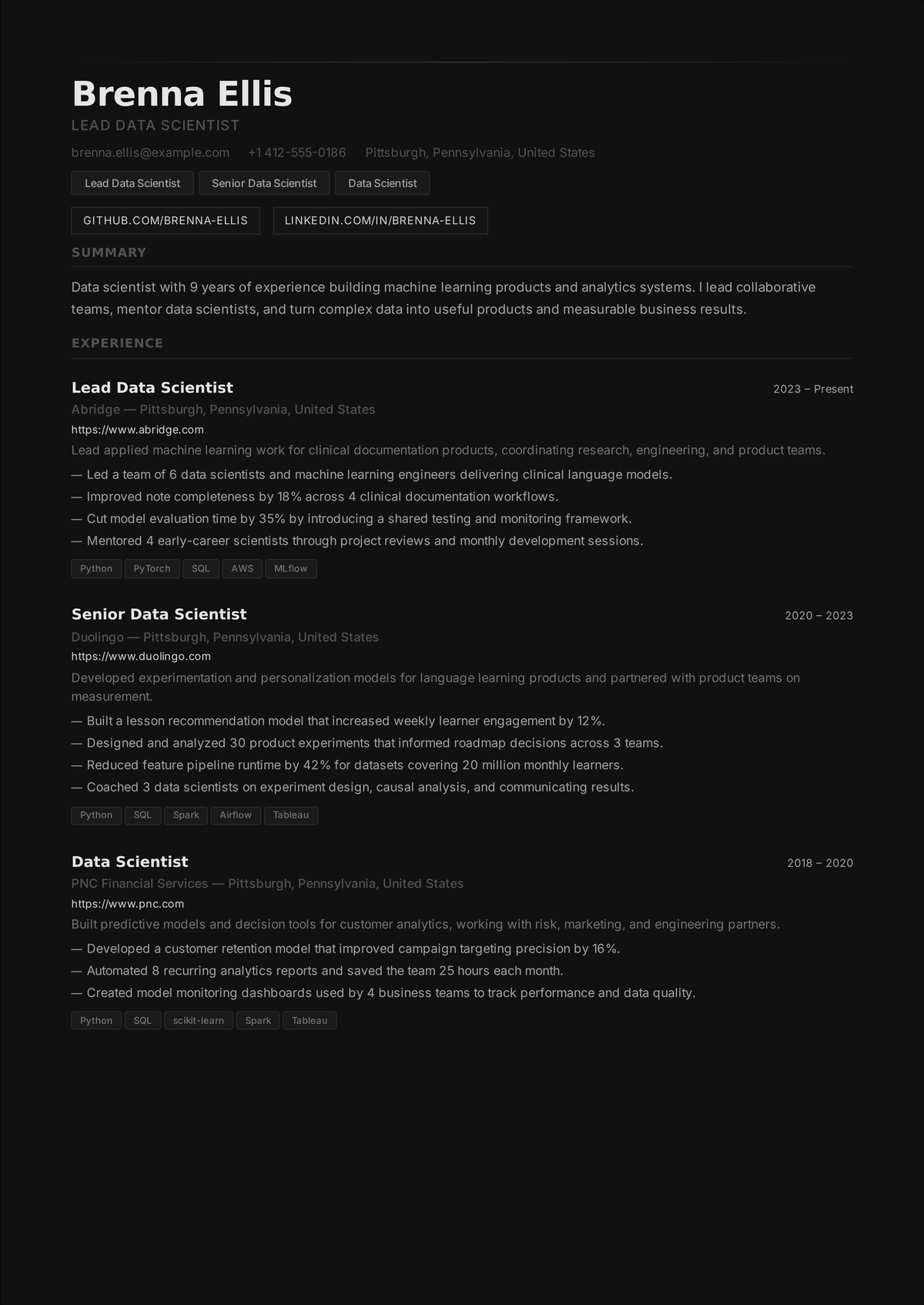 Data scientist resume example: a senior data scientist's resume showing a Python and ML stack, a production predictive model, A/B tests, and downstream revenue and retention impact.