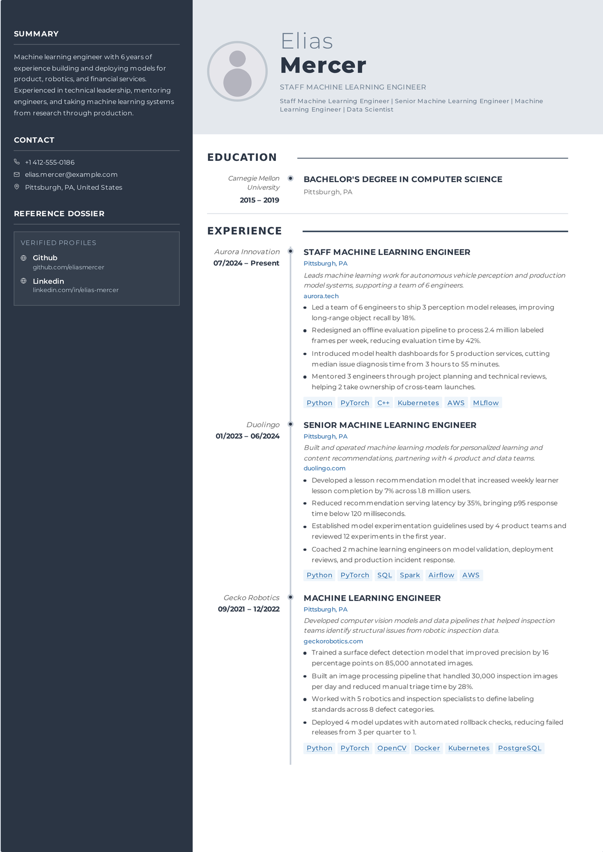 Machine learning engineer resume example: a senior ML engineer's resume showing a Python and MLOps stack, production model serving, drift monitoring, and both business and engineering metrics.