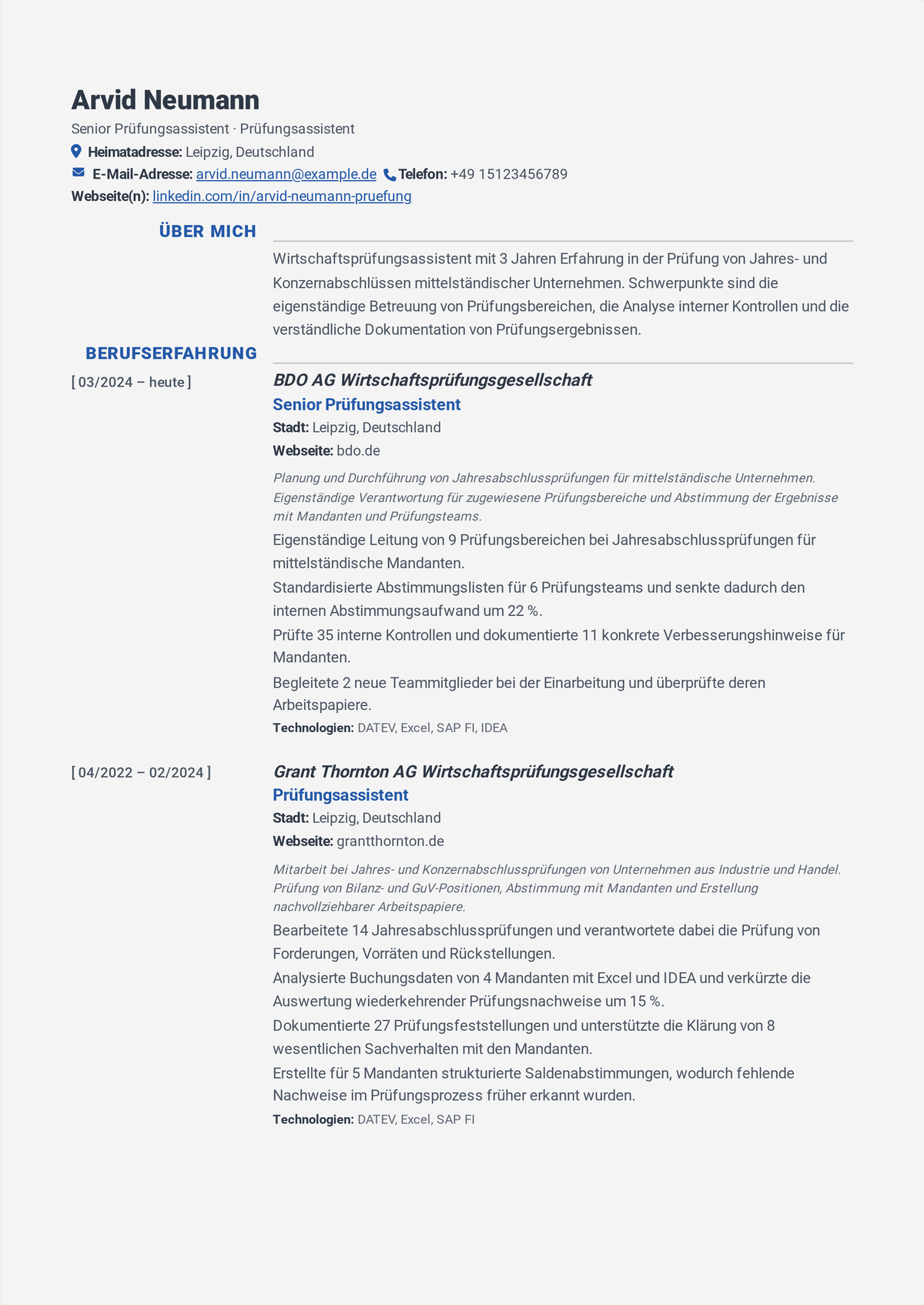 Lebenslauf-Beispiel Wirtschaftsprüfer (mittlere Ebene): zeigt Prüfungsplanung und -durchführung, Tests interner Kontrollen, Arbeitspapier-Dokumentation und behobene Kontrollschwächen.