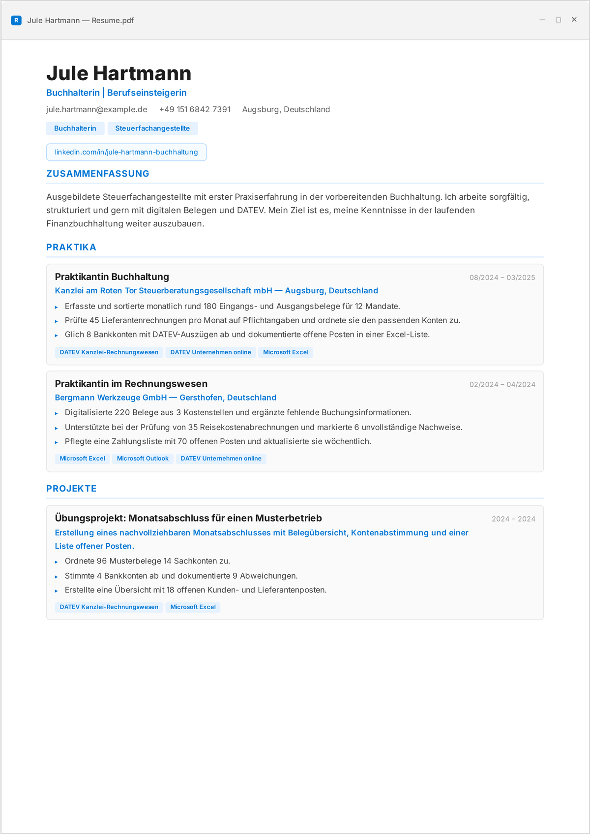 Lebenslauf-Beispiel Buchhaltungskraft: Einstiegs-Lebenslauf, zeigt QuickBooks und Xero, Bankabstimmungen, Kreditoren/Debitoren und Monatsreporting über mehrere Mandanten.