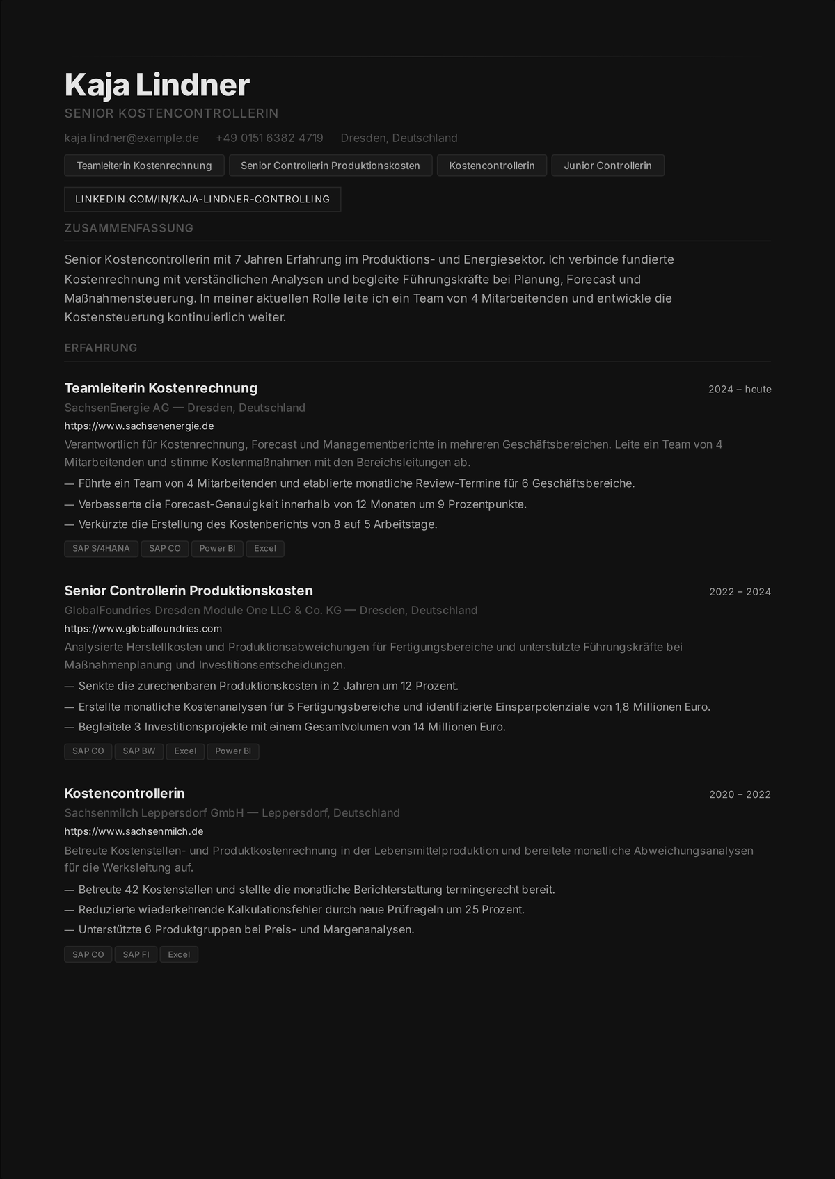 Lebenslauf-Beispiel Management-Accountant: zeigt Budgets und Prognosen, Kosten- und Margenanalyse, Abweichungsreporting und getriebene Kostensenkungen.