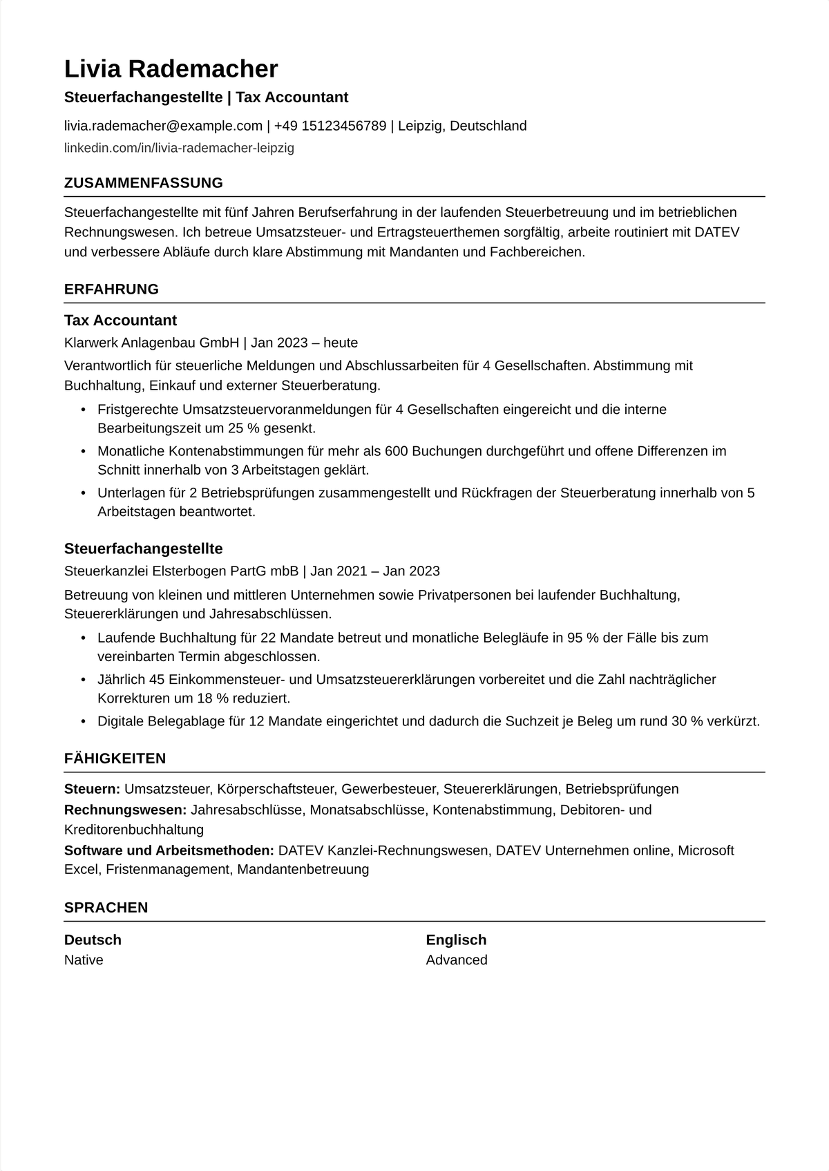 Lebenslauf-Beispiel Steuerfachkraft (mittlere Ebene): zeigt über Rechtsformen hinweg erstellte Erklärungen, Steuerrecherche, eingehaltene Fristen und für Mandanten gesparte Steuern.