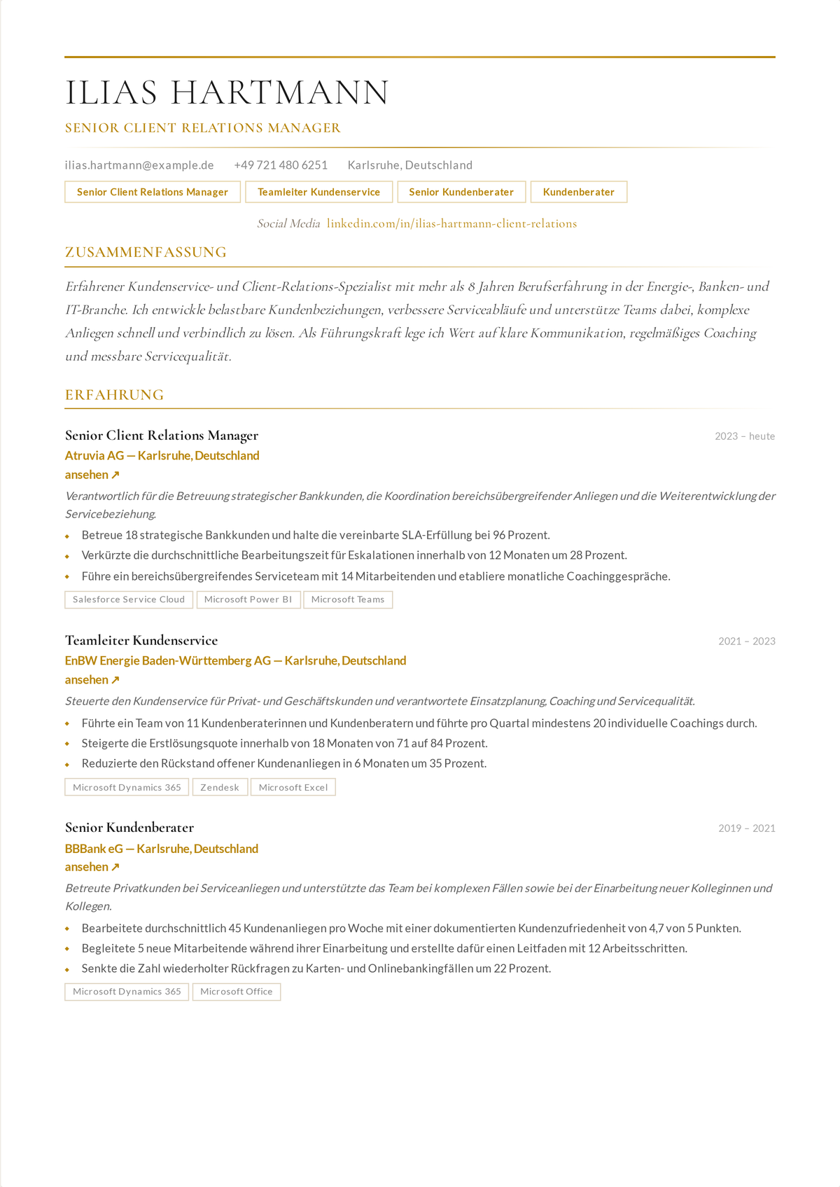 Lebenslauf-Beispiel Client Relations Manager (Senior): zeigt verantwortete Key Accounts und Vertragswerte, Beziehungen auf Führungsebene, verhandelte Verlängerungen und gehaltenen Umsatz.