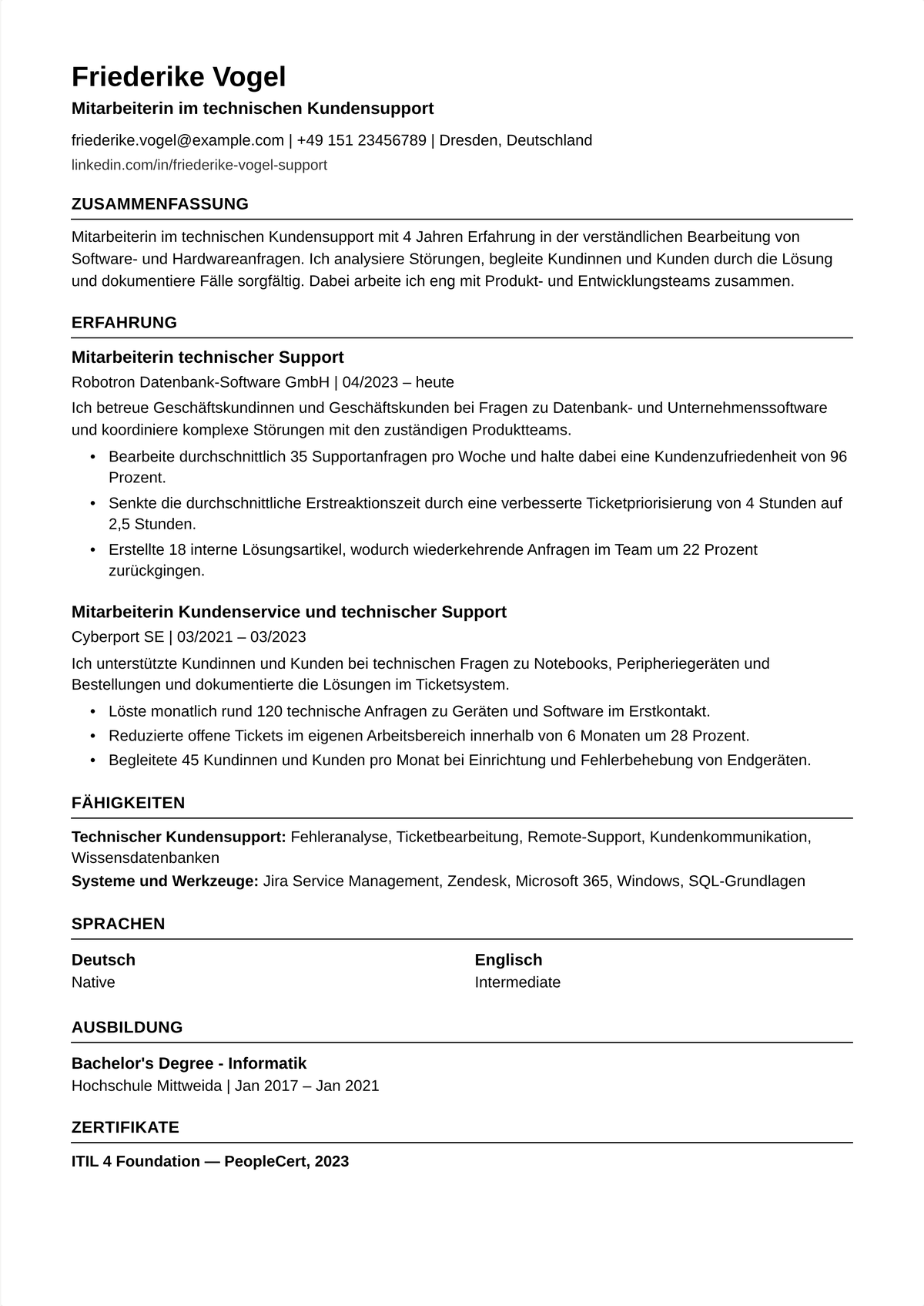 Lebenslauf-Beispiel technischer Support-Spezialist (mittlere Ebene): zeigt Fehlerbehebungstiefe, Beiträge zur Wissensdatenbank, saubere Eskalationen und CSAT bei technischen Tickets.