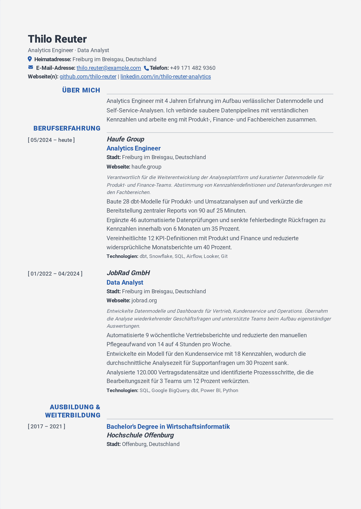 Lebenslauf-Beispiel Analytics Engineer: zeigt dbt und SQL auf einem Cloud-Warehouse, getestete Transformationsmodelle, Durchsetzung der Datenqualität und gesenkte Pipeline-Laufzeit.
