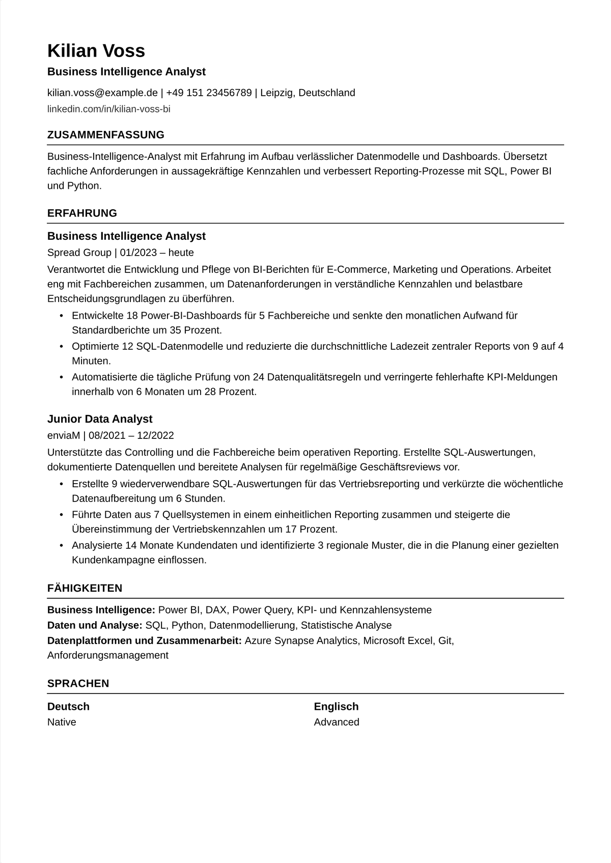 Lebenslauf-Beispiel Business-Intelligence-Analyst: zeigt Tableau und Power BI auf einem Warehouse, Datenmodelle, Self-Service-Dashboards und eingesparte manuelle Reporting-Stunden.