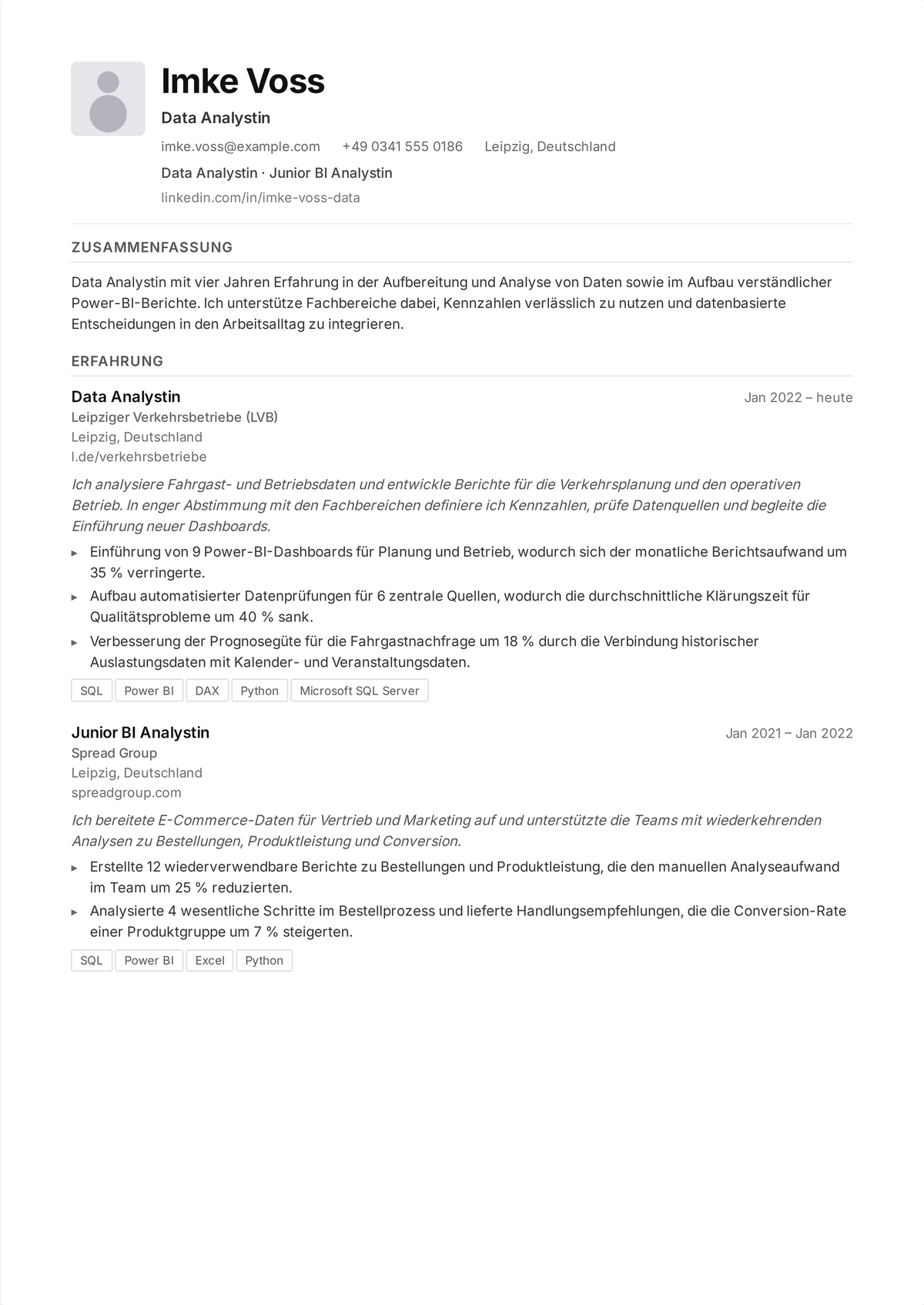 Lebenslauf-Beispiel Data Analyst (mittlere Ebene): zeigt komplexes SQL, von Stakeholdern genutzte Dashboards und Analysen, die Entscheidungen zu Umsatz, Kosten oder Retention trieben.