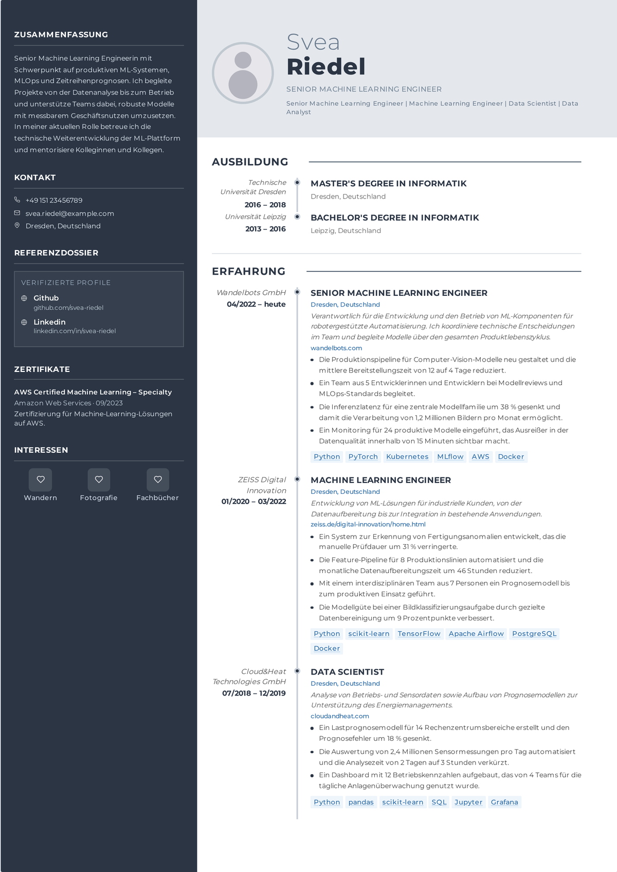 Lebenslauf-Beispiel Machine-Learning-Engineer: zeigt einen Python- und MLOps-Stack, Model Serving in Produktion, Drift-Monitoring sowie Geschäfts- und Engineering-Kennzahlen.