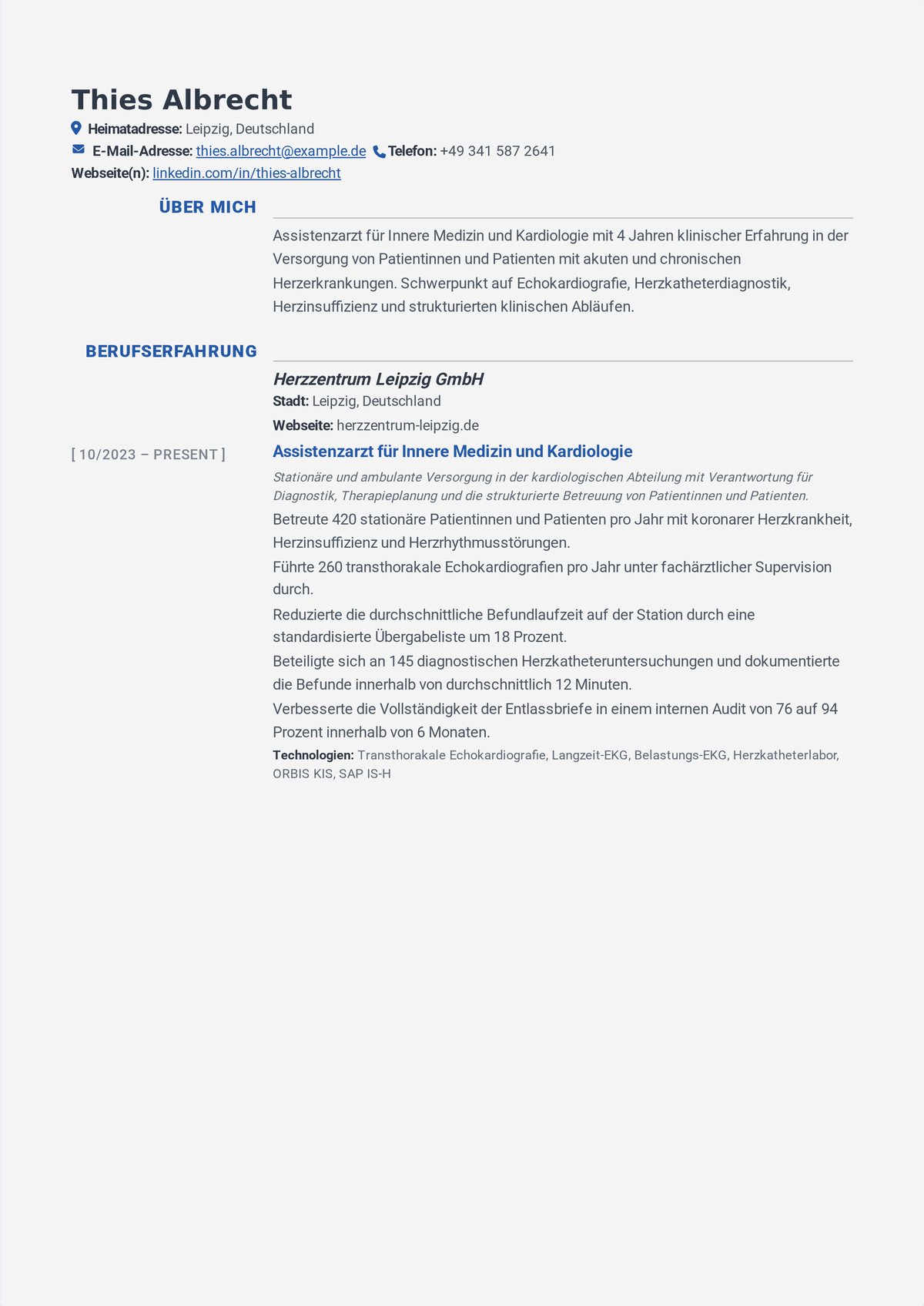 Lebenslauf-Beispiel Kardiologie-Fellow: der CV eines Arztes in Subspezialisierung mit Board-Zertifizierung in Innerer Medizin, einem Kardiologie-Fellowship, Eingriffs-Logbüchern und Forschung.
