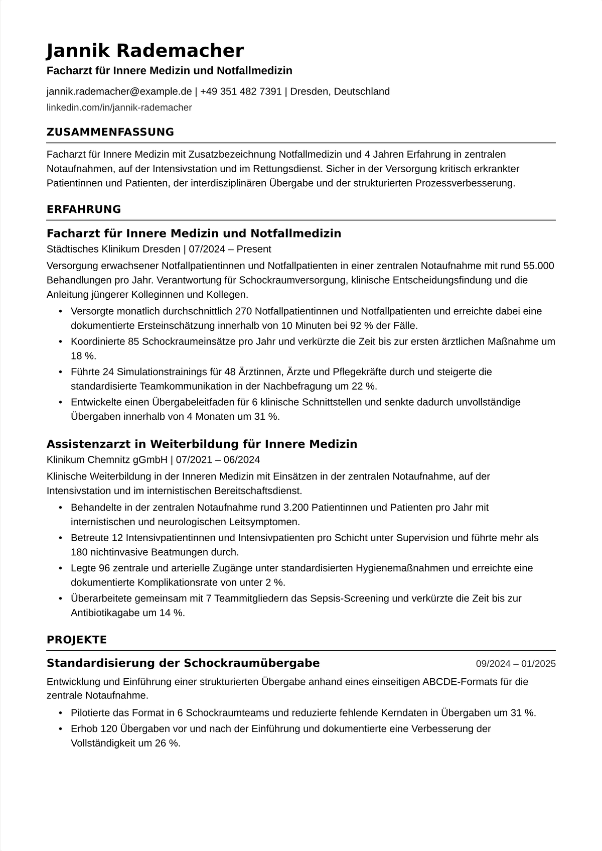 Lebenslauf-Beispiel Notfallmediziner: der Lebenslauf eines Notaufnahme-Arztes mit ABEM-Zertifizierung, Eingriffsspektrum, Traumaerfahrung und Patienten-pro-Stunde-Volumen.