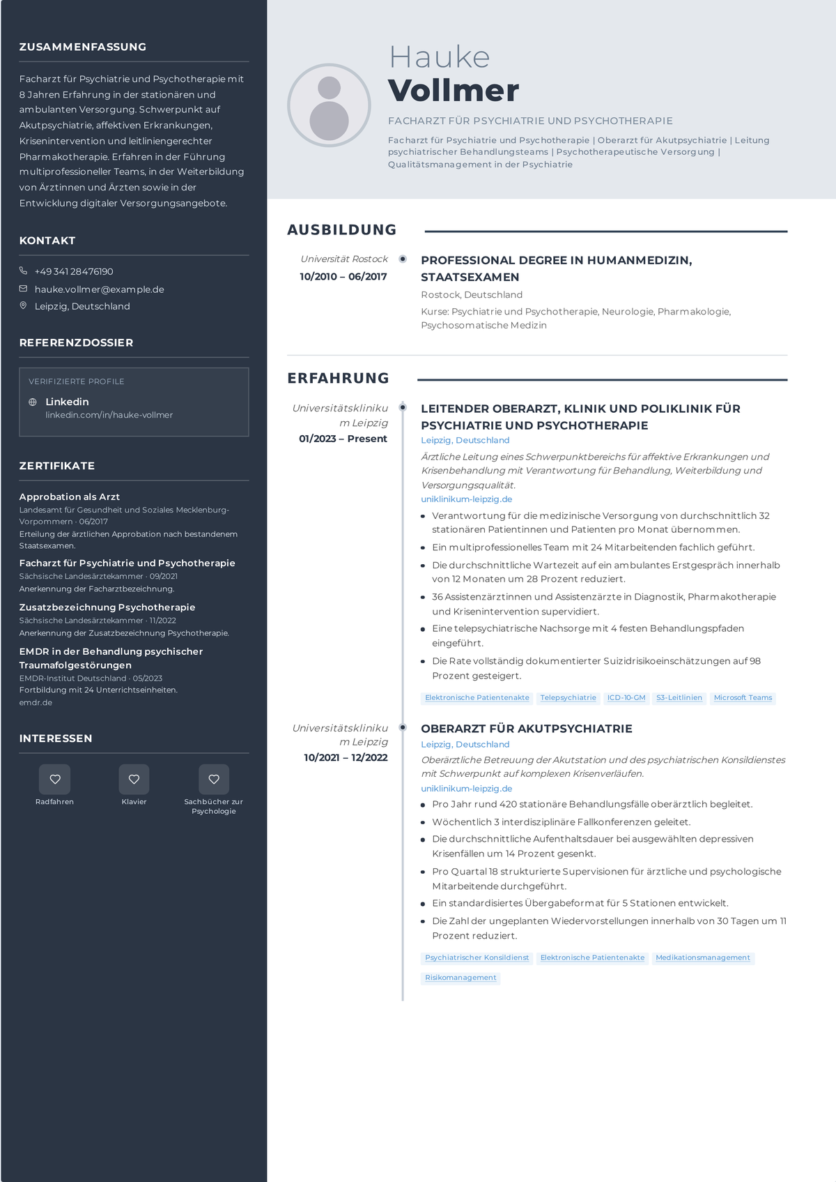 Lebenslauf-Beispiel Psychiater: der Lebenslauf eines erfahrenen Psychiaters mit ABPN-Board-Zertifizierung, Subspezialisierung, Behandlungssettings und einer ärztlichen Leitungsrolle.