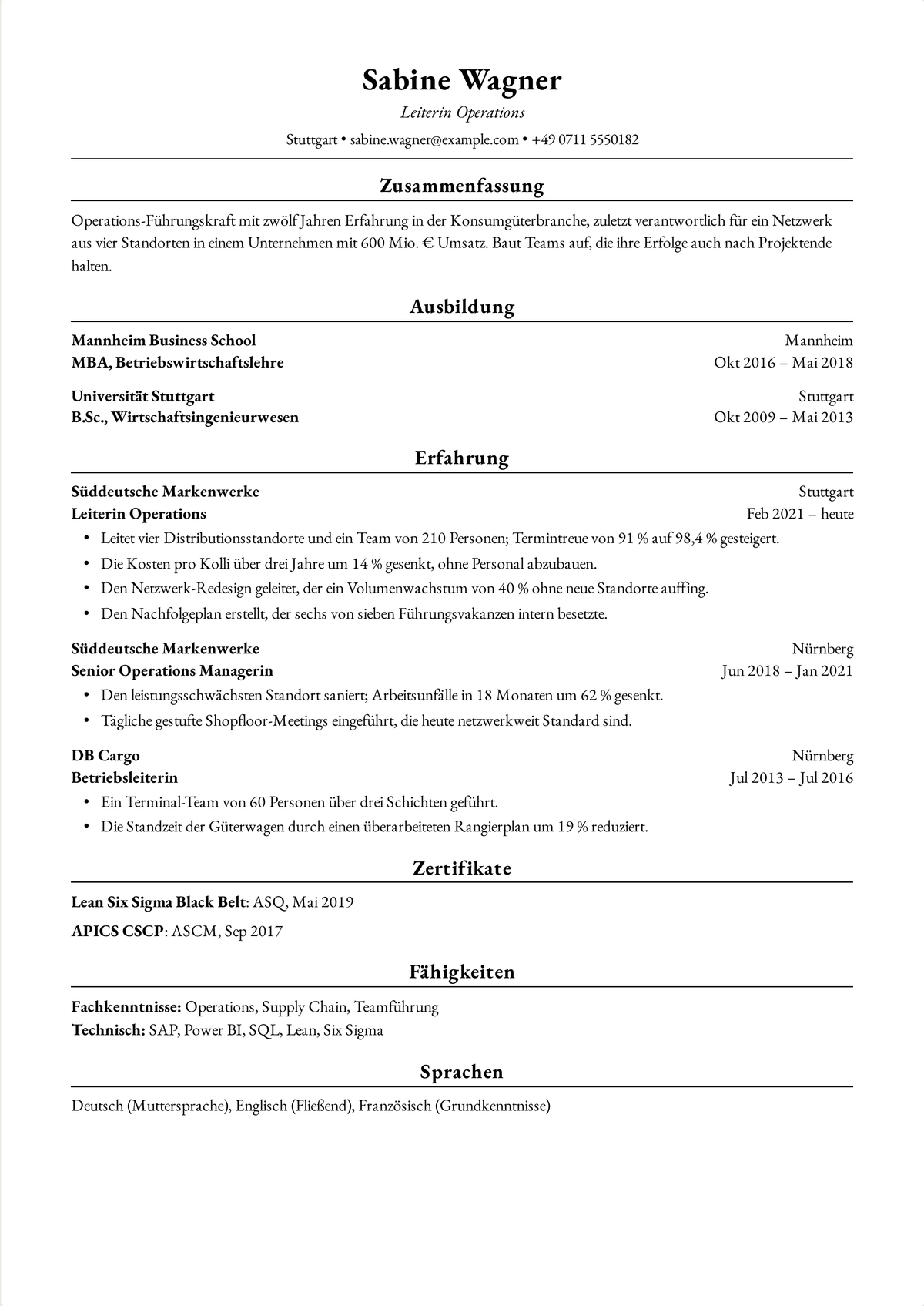 Harvard-Lebenslauf-Beispiel für eine erfahrene Führungskraft: ein zweiseitiger Lebenslauf einer Operations-Leiterin mit einem kurzen Profil, drei Rollen über zwölf Jahre und einer Lean-Six-Sigma-Zertifizierung.