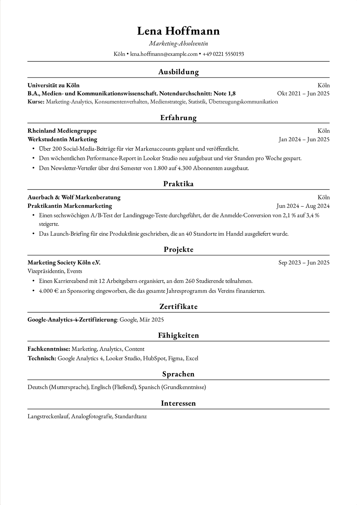 Harvard-Lebenslauf-Beispiel für eine Absolventin: ein einseitiger Marketing-Lebenslauf mit der Ausbildung zuerst, einer Werkstudentenstelle im Marketing, einem Praktikum und einer Vorstandsrolle in einem Verein.