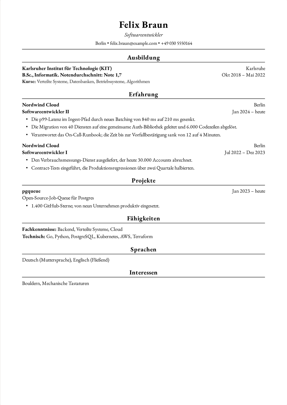 Harvard-Lebenslauf-Beispiel für einen Softwareentwickler: ein einseitiger Technik-Lebenslauf mit Latenzverbesserungen, einer Service-Migration, einem On-Call-Runbook und einem Open-Source-Projekt.