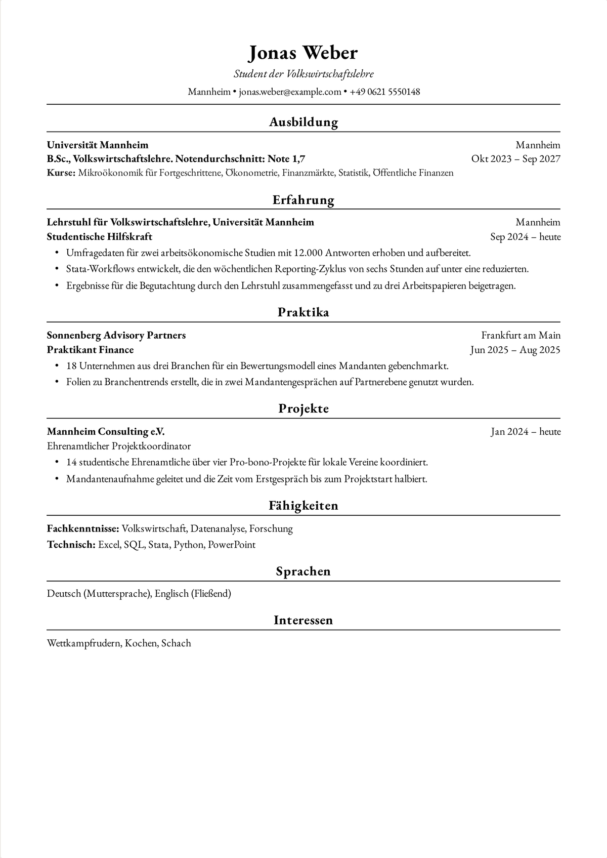 Harvard-Lebenslauf-Beispiel für einen Studenten: ein einseitiger Lebenslauf eines VWL-Studenten mit der Ausbildung zuerst, einer studentischen Hilfskraftstelle, einem Sommerpraktikum und ehrenamtlichem Engagement auf dem Campus.
