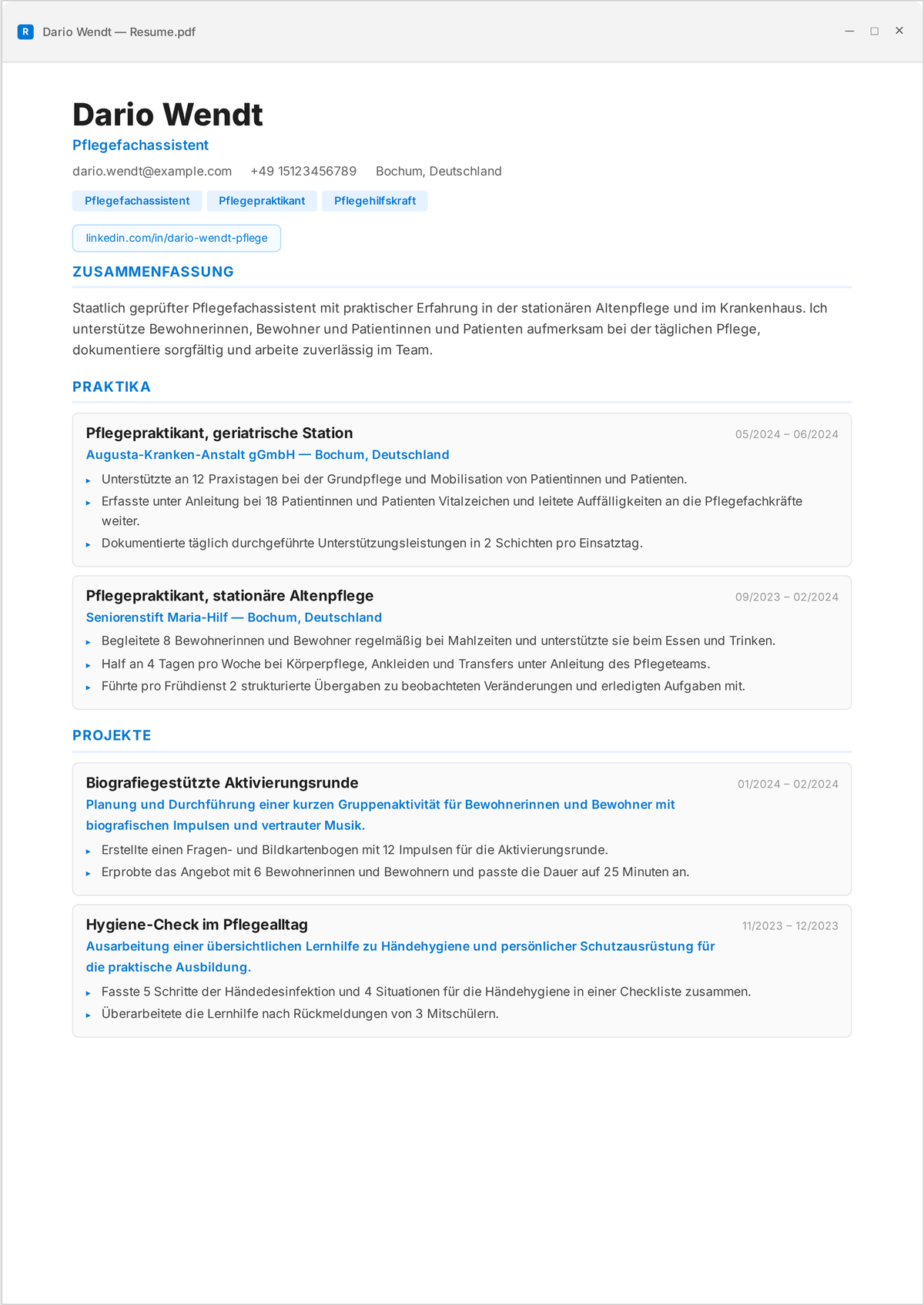 CNA-Lebenslauf-Beispiel: Einstiegs-Lebenslauf einer Pflegehilfskraft, zeigt Aktivitäten des täglichen Lebens, Vitalzeichen, sichere Transfers und Patientenbeobachtung.