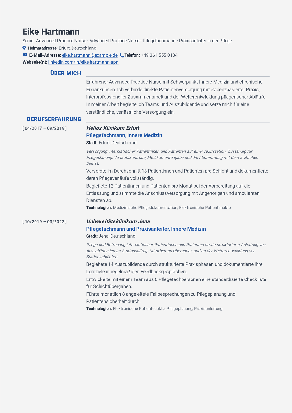 Lebenslauf-Beispiel einer Advanced Practice Nurse: angeführt von APRN-Zulassung, Fachzertifizierung und Verordnungsbefugnis, zeigt ein betreutes Patientenpanel und Qualitätskennzahlen.