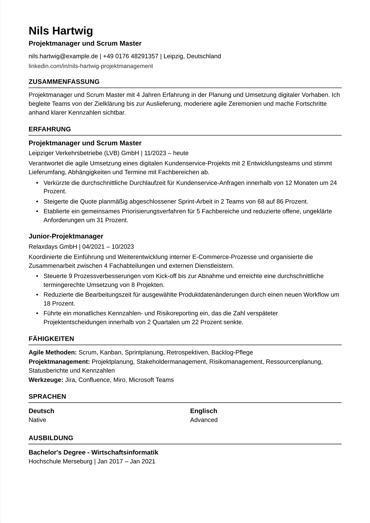 Lebenslauf-Beispiel Scrum Master (mittlere Ebene): angeführt von einem CSM-Zertifikat, zeigt Sprint-Moderation, beseitigte Blocker, verbesserte Velocity und termingerechte Lieferung.