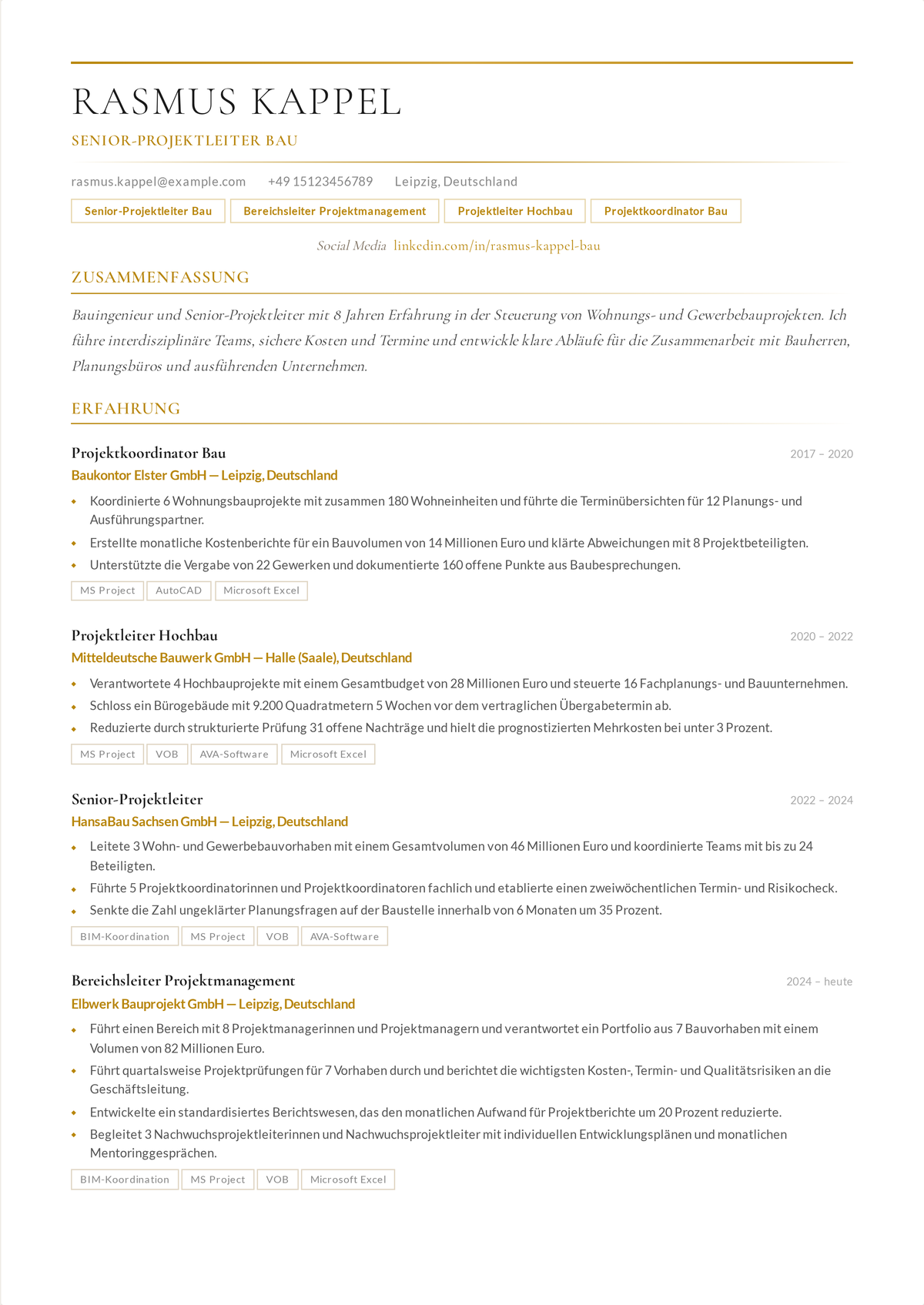 Lebenslauf-Beispiel Bau-Projektmanager (Senior): zeigt gebaute Projekte nach Wert und Fläche, Budget- und Terminkontrolle, Subunternehmer-Koordination und eine starke Sicherheitsbilanz.