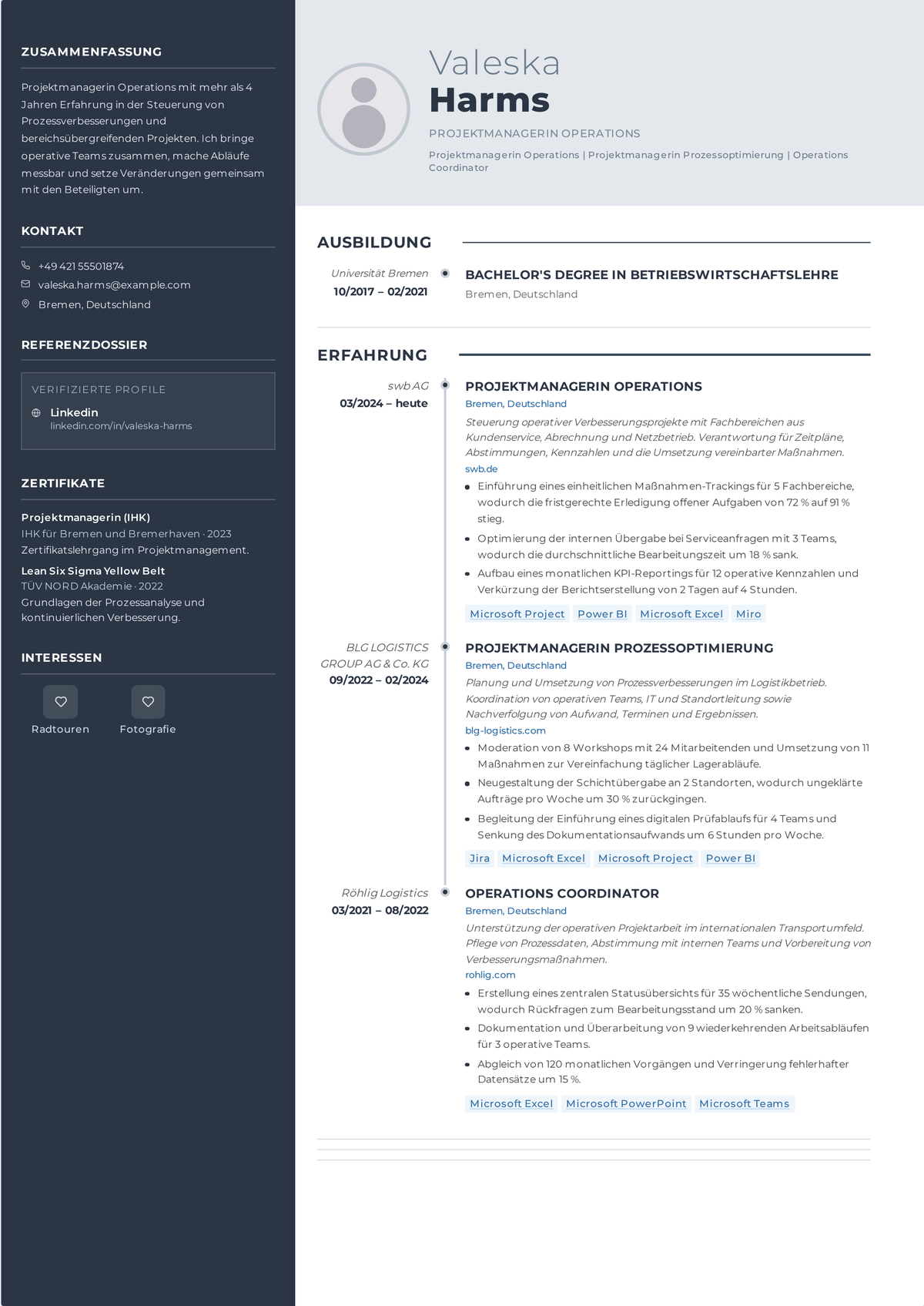 Lebenslauf-Beispiel Operations-Projektmanager (mittlere Ebene): zeigt Prozessneugestaltung, abteilungsübergreifende Initiativen, Lean oder Six Sigma und Effizienz- und Kostenverbesserungen.