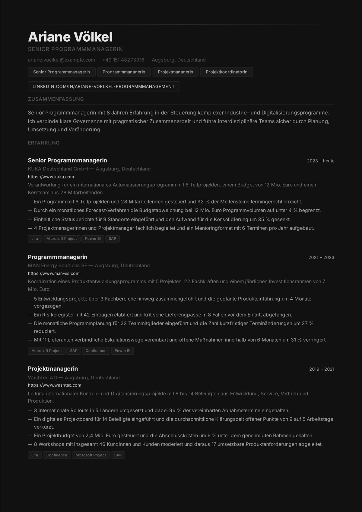 Lebenslauf-Beispiel Programm-Manager (Senior): zeigt ein auf ein strategisches Ziel ausgerichtetes Projektportfolio, gemanagte projektübergreifende Abhängigkeiten, Reporting an die Geschäftsleitung und ein Programmbudget.