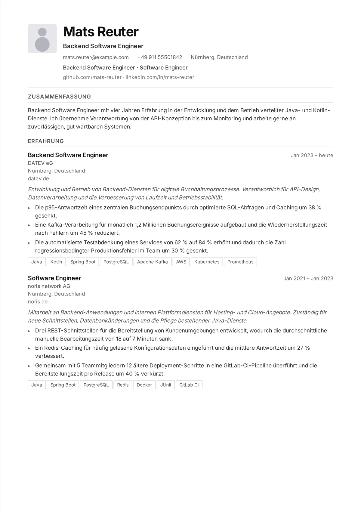 Lebenslauf-Beispiel Backend-Entwickler: zeigt API-Design, einen Datenbank- und Cloud-Stack sowie Kennzahlen wie Requests pro Sekunde, Latenz und Verfügbarkeit.