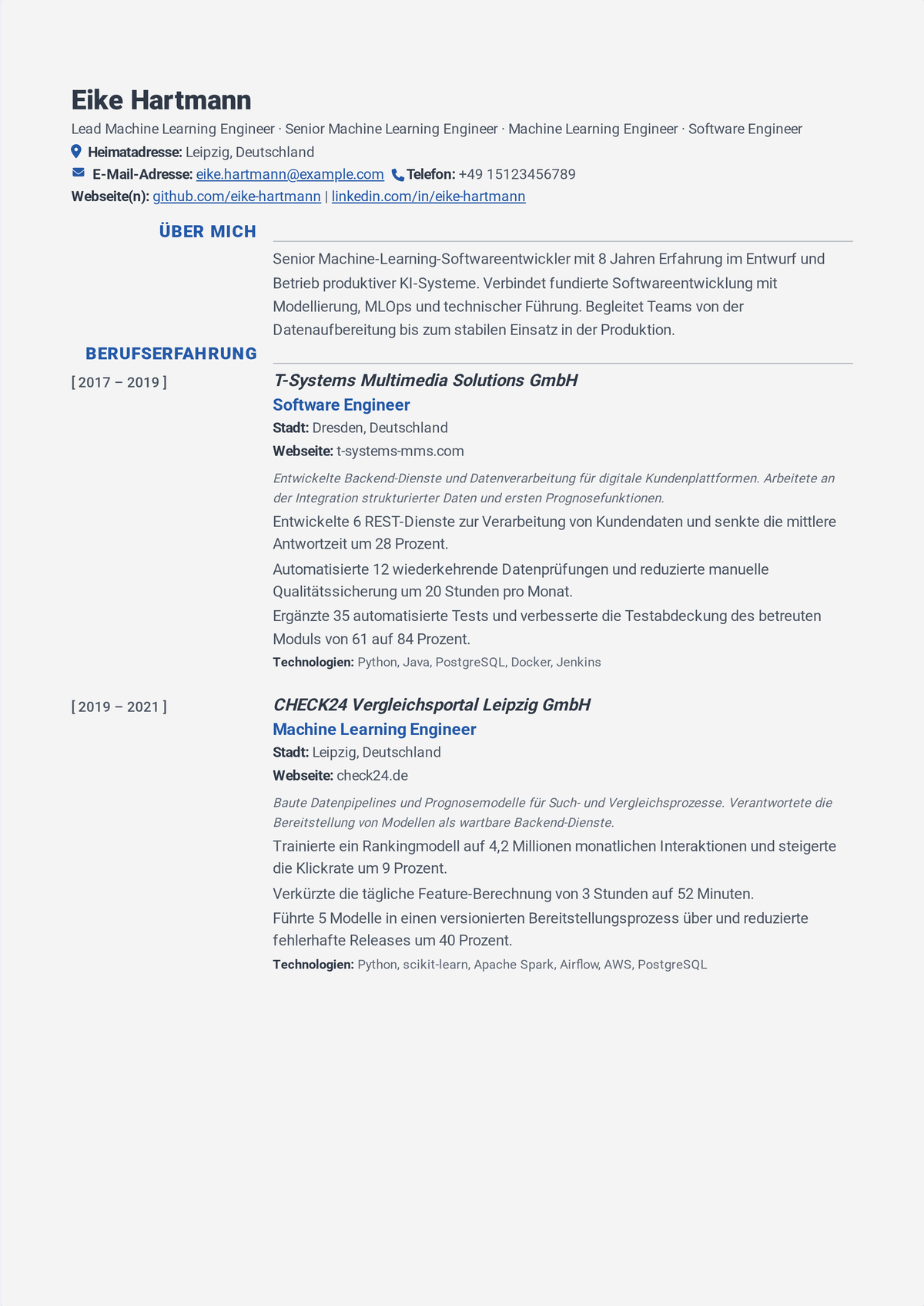 Lebenslauf-Beispiel Machine-Learning-Engineer: zeigt einen Python- und PyTorch-Stack, in Produktion ausgelieferte Modelle, MLOps-Pipelines und nachgelagerte Geschäftswirkung.