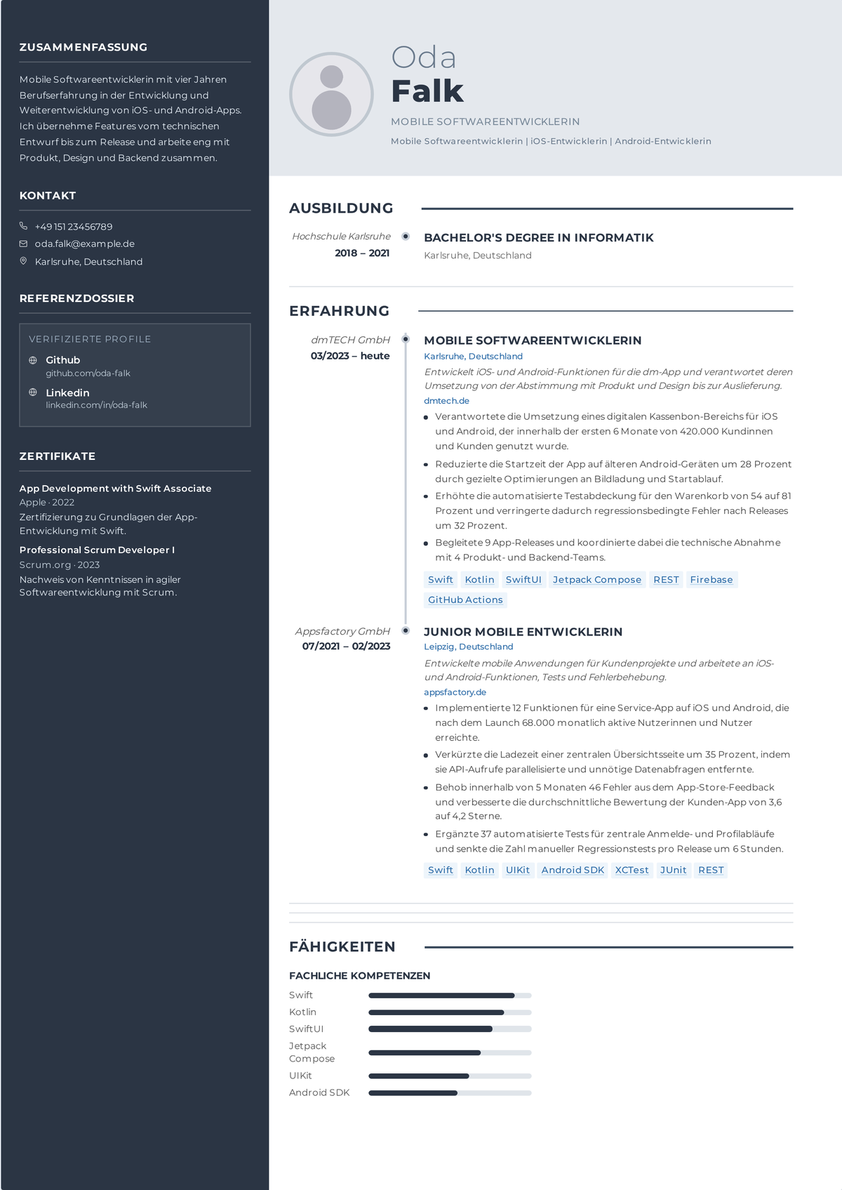 Lebenslauf-Beispiel Mobile-Entwickler: zeigt Swift- und Kotlin-Arbeit, App-Store- und Play-Store-Releases, absturzfreie Raten und Retention-Kennzahlen.