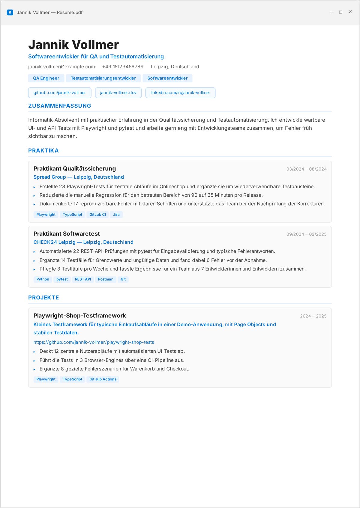 Lebenslauf-Beispiel QA-/Testautomatisierungs-Engineer: Einstiegs-Lebenslauf, zeigt einen Testautomatisierungs-Stack, in CI eingebaute Suites, hinzugefügte Abdeckung und vor dem Release gefundene Defekte.