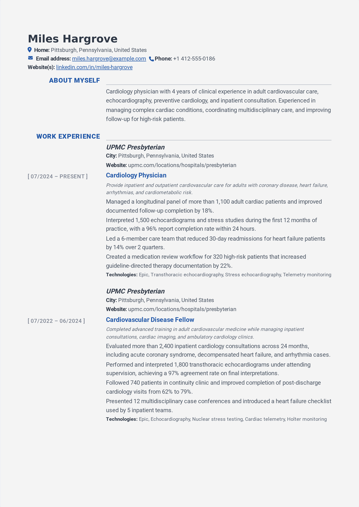 Cardiology fellow resume example: a subspecialty-training physician's CV showing internal-medicine board certification, a cardiology fellowship, procedural logs, and research.