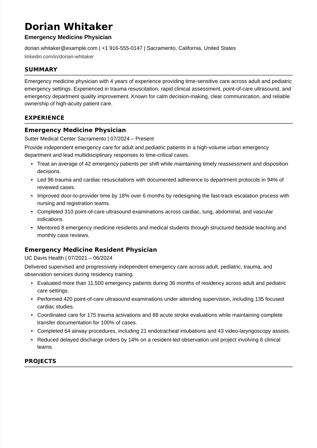 Emergency medicine physician resume example: an ED doctor's resume showing ABEM certification, procedural range, trauma experience, and patients-per-hour volume.
