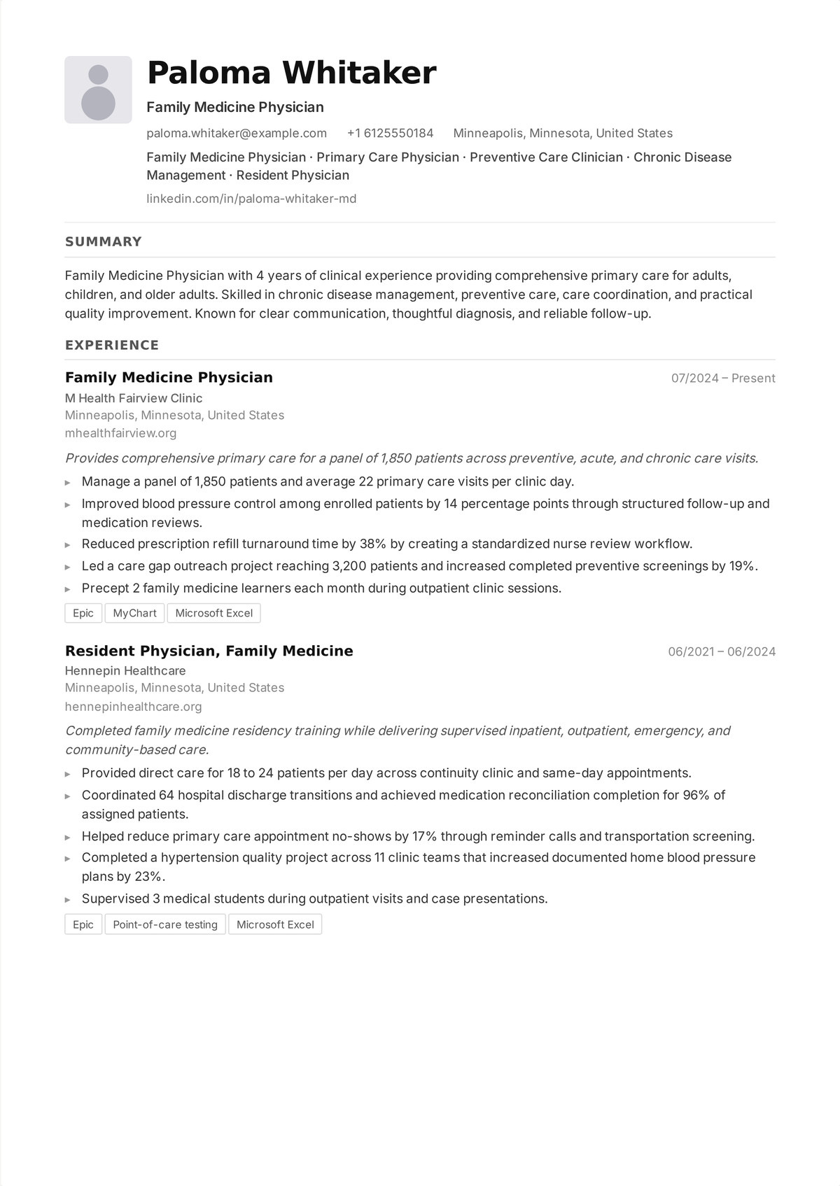 Family medicine physician resume example: a GP's resume led by ABFM board certification, an unrestricted license, panel size, and chronic-disease management outcomes.