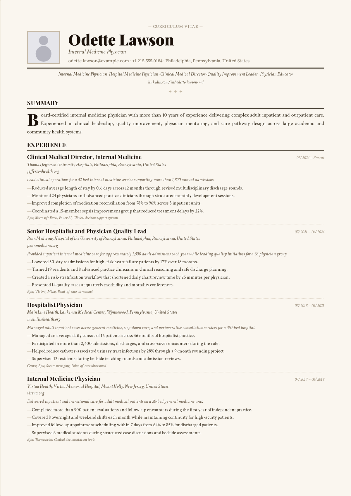 Hospitalist resume example: a senior internist's resume led by ABIM certification, inpatient census, readmission-reduction work, and rapid-response leadership.